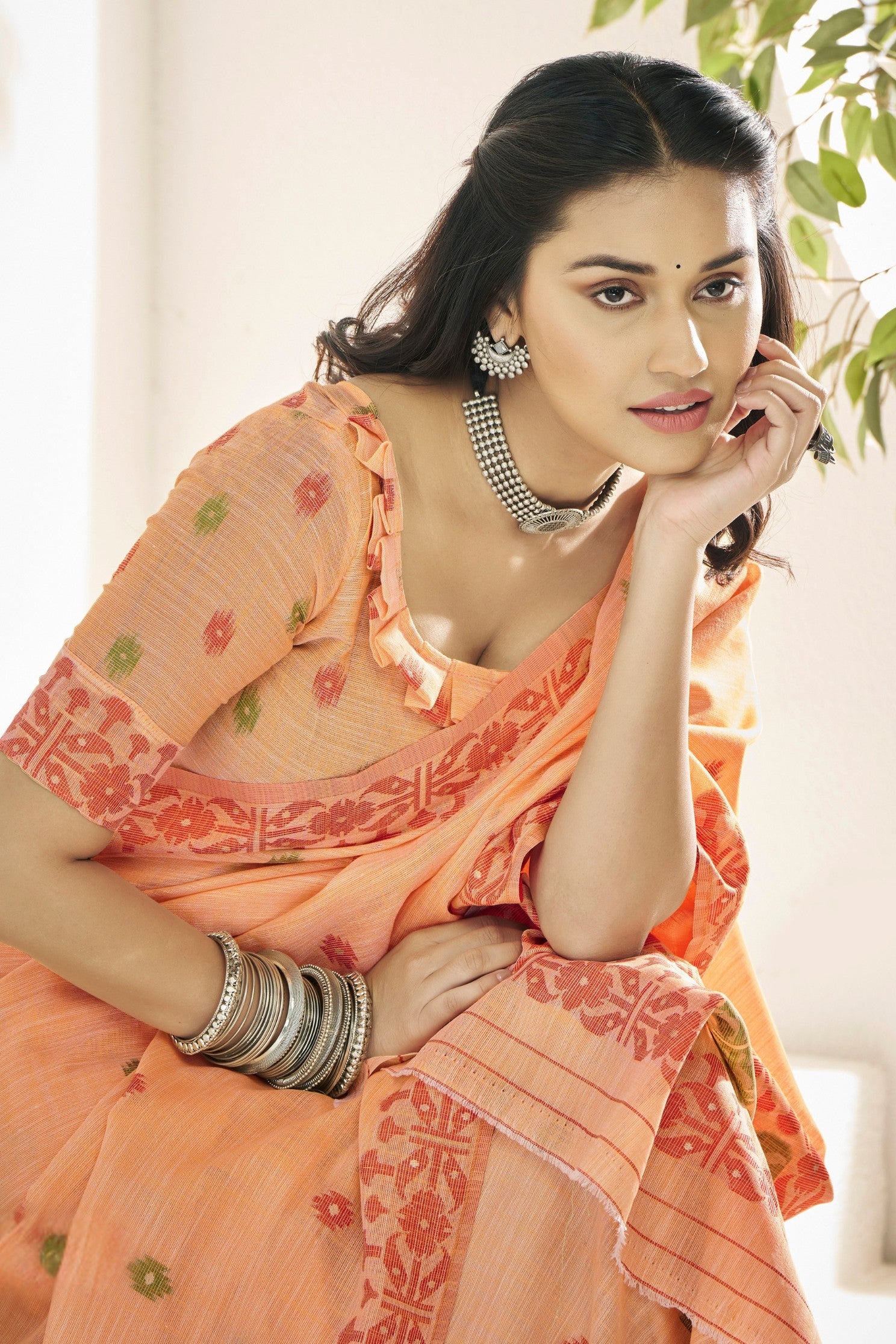 MySilkLove Apricot Peach Woven Linen Saree