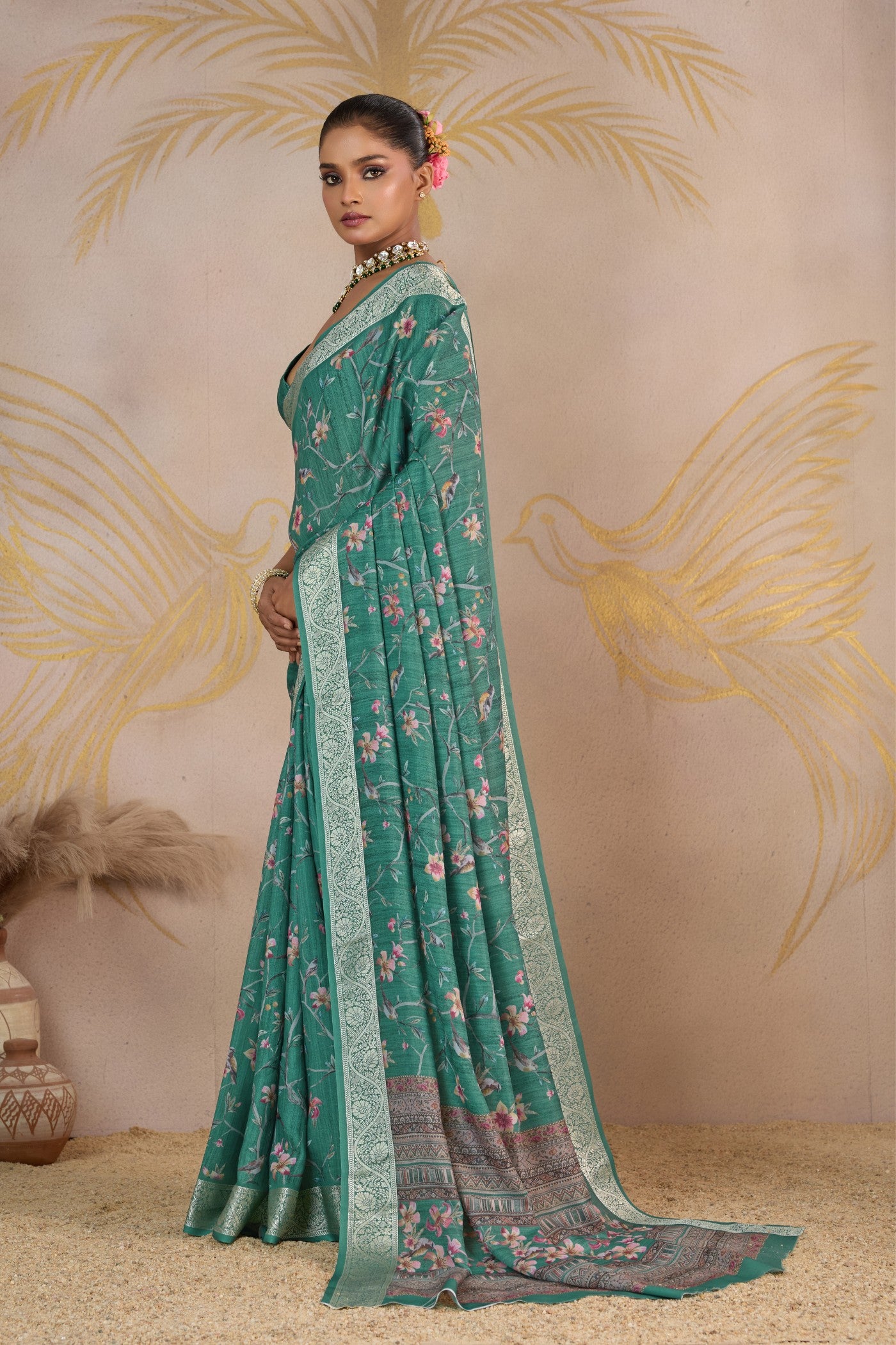 Buy MySilkLove Basil Mist Green Viscose Digital Printed Saree Online