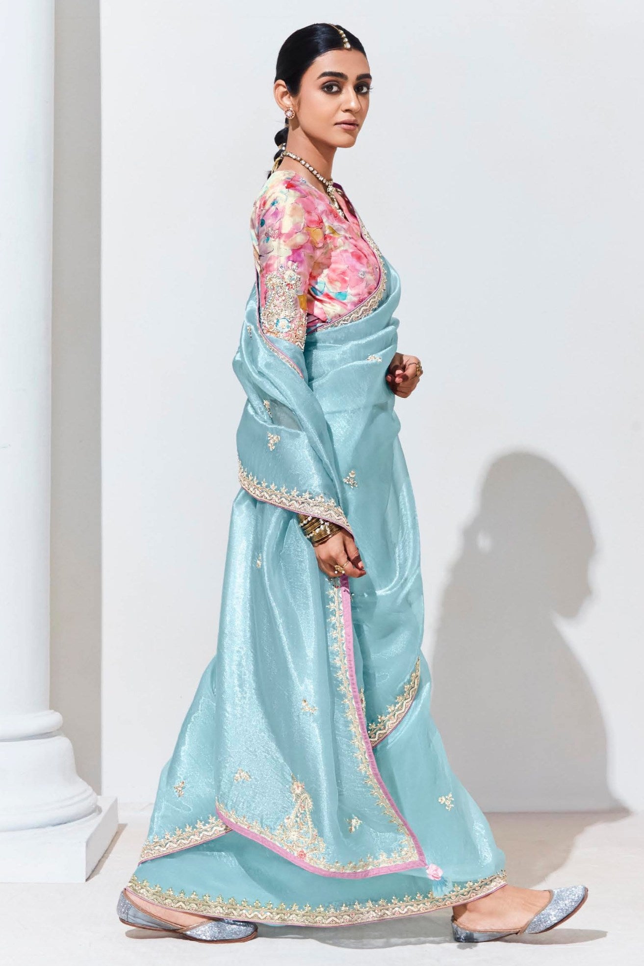 Buy MySilkLove Sinbad Blue Tissue Organza Designer Partywear Saree Online