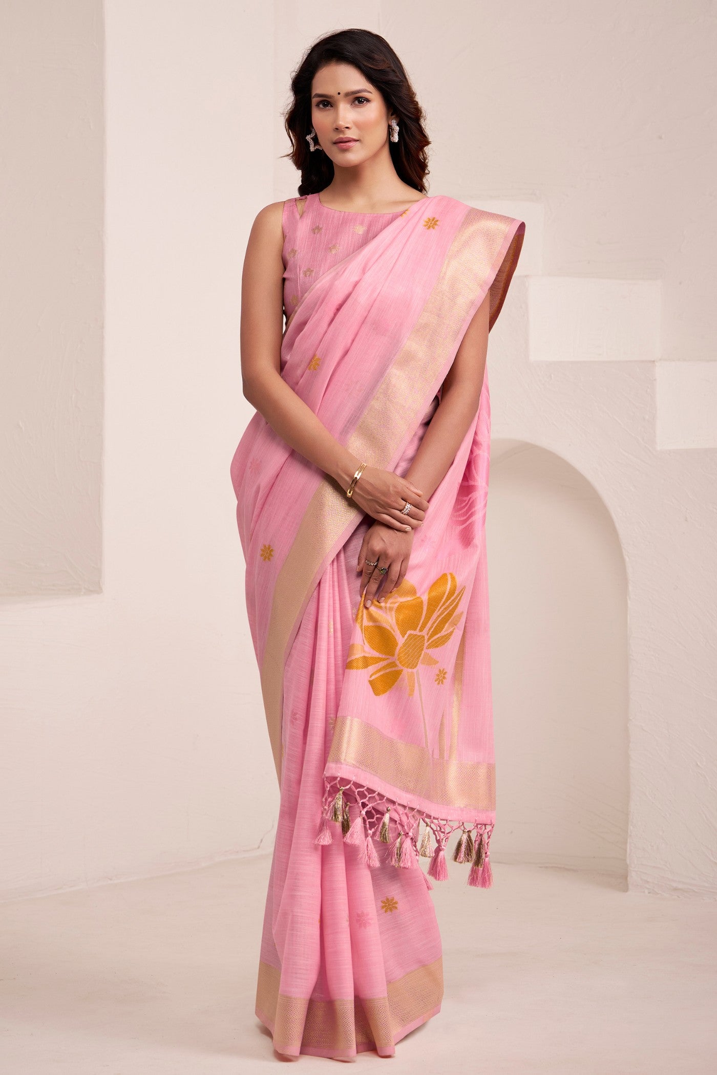 Buy MySilkLove Charm Pink Woven Linen Saree Online