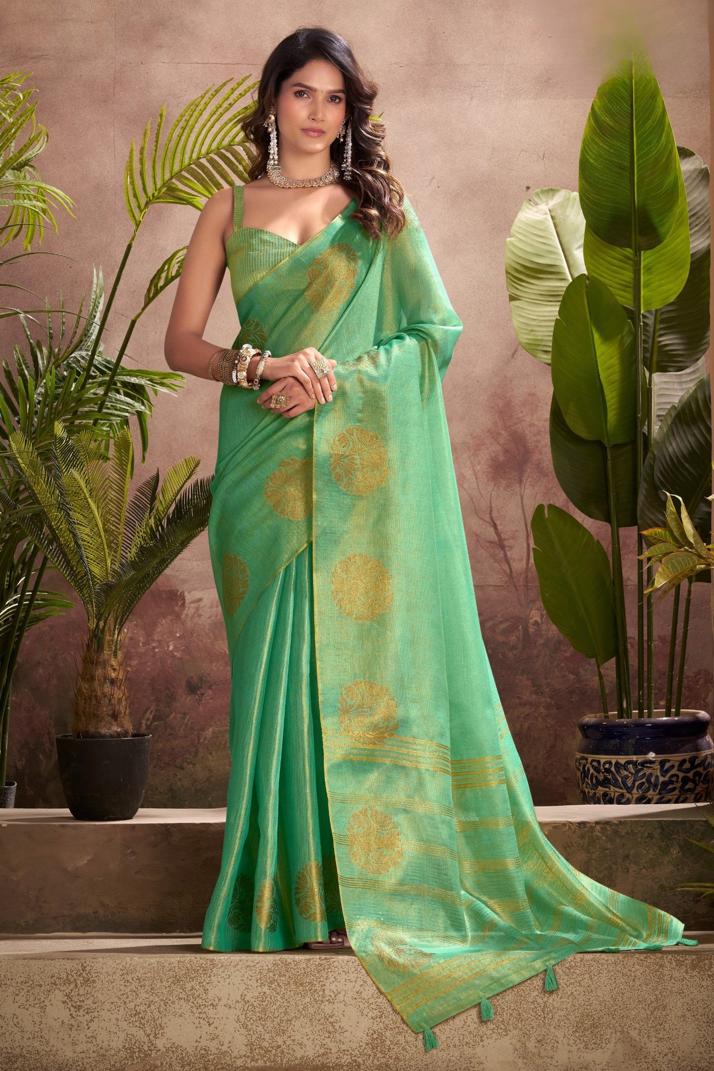 Buy MySilkLove Chartreuse Green Woven Tissue Saree Online