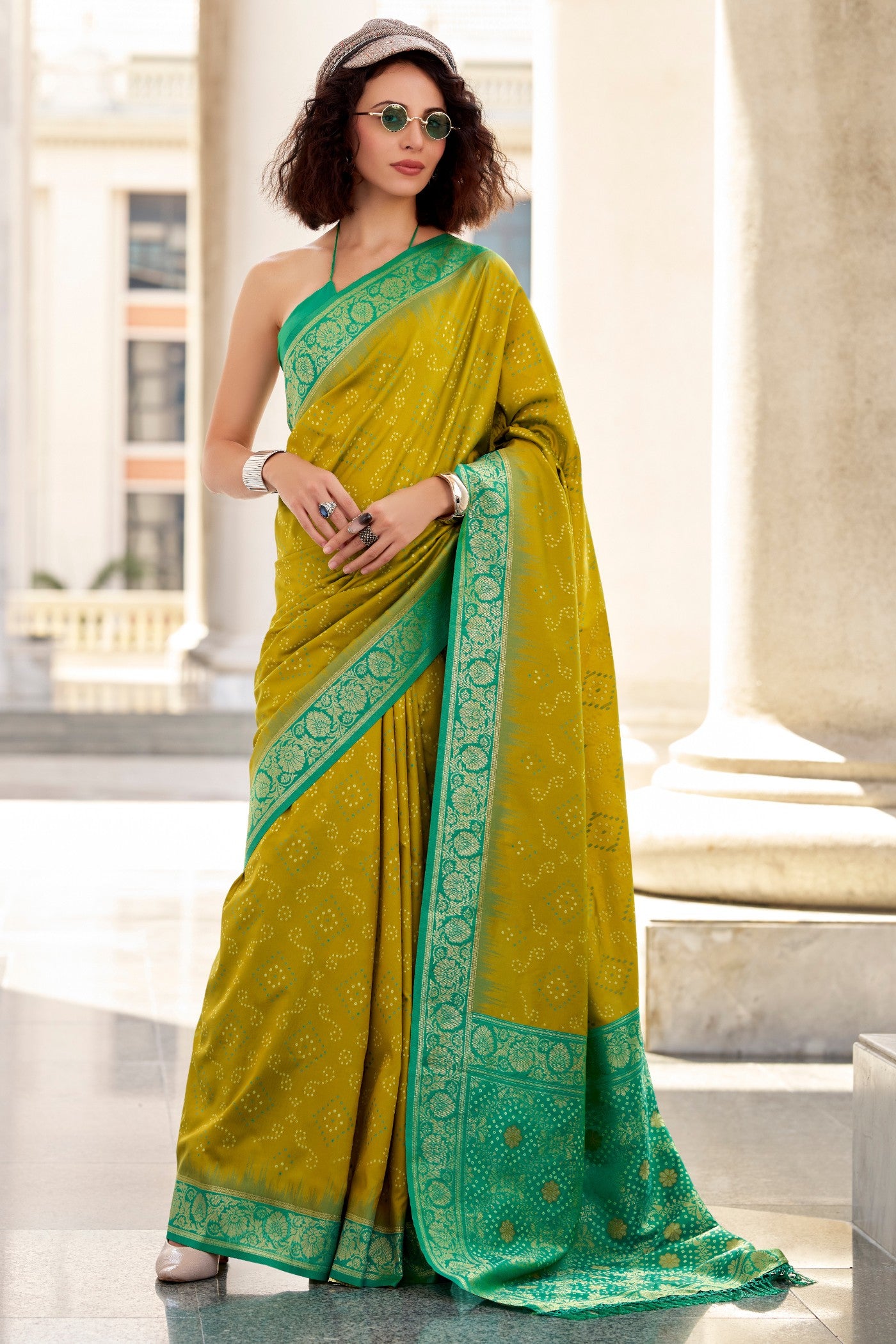 Buy MySilkLove Corn Harvest Green Woven Banarasi Bandhani Soft Silk Saree Online