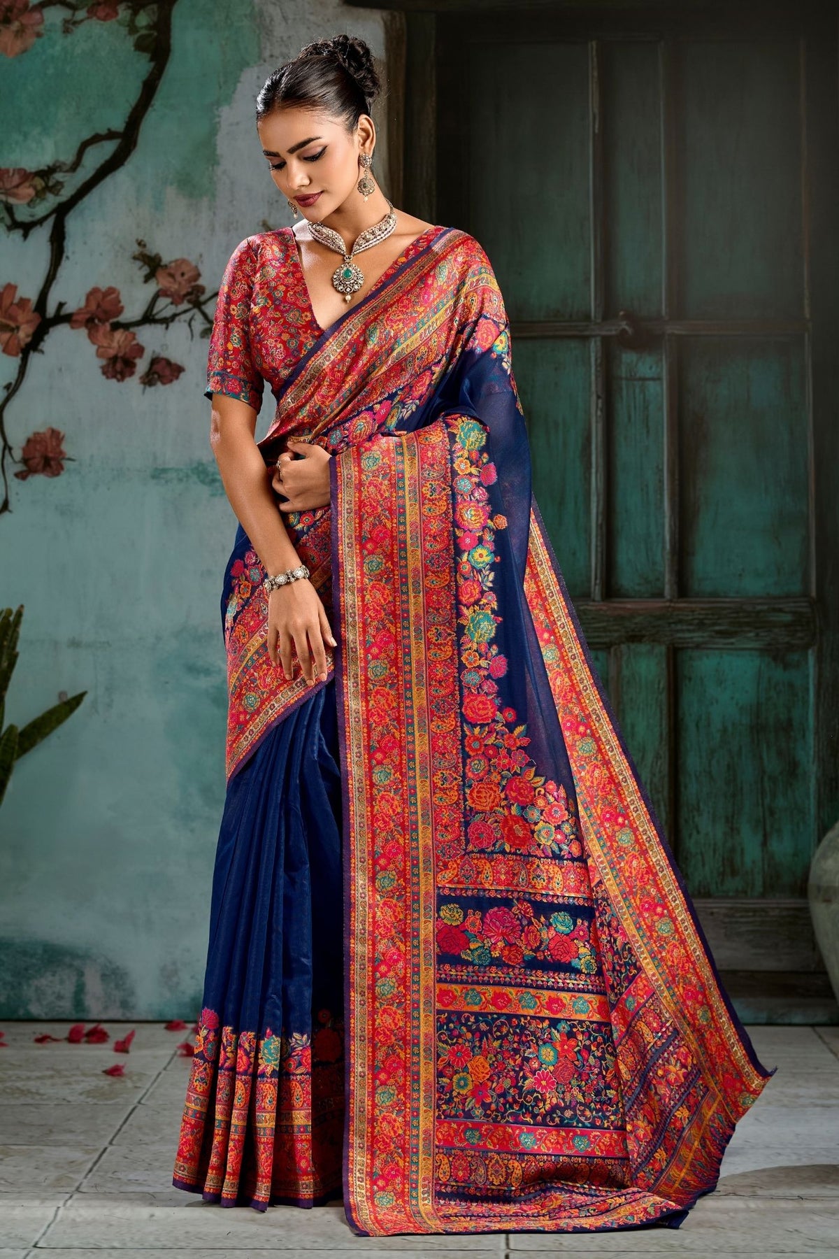 Buy MySilkLove Ocean Blue Kashmiri Handloom Jamewar Saree Online