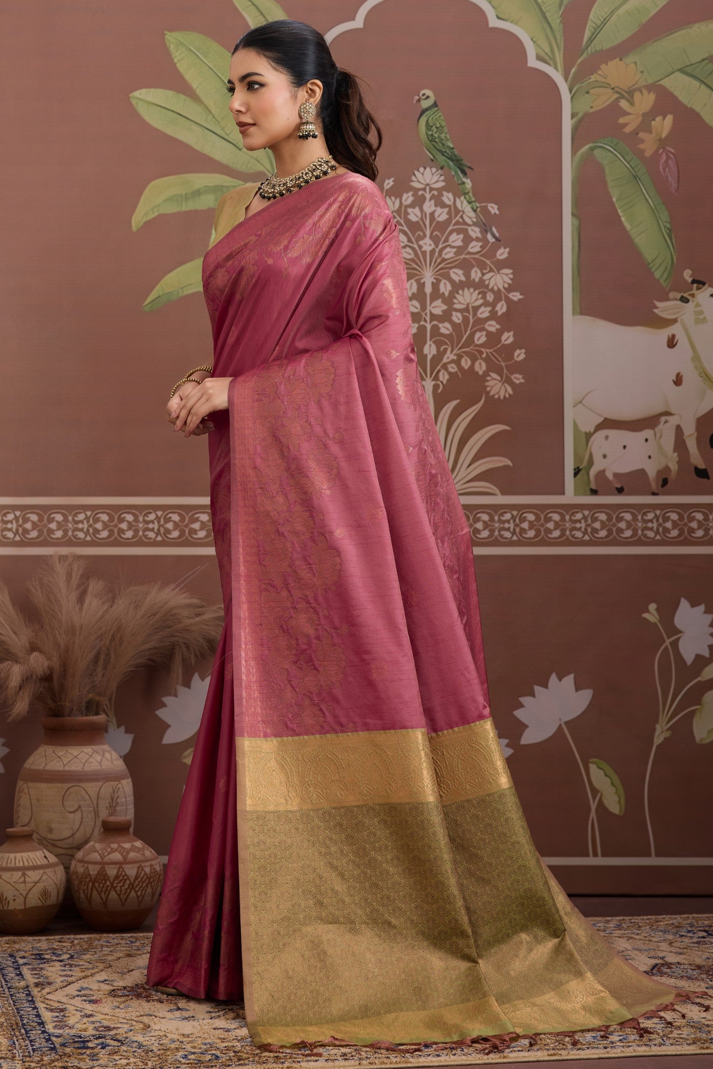 Buy MySilkLove Salmon Pink Banarasi Handloom Tussar Saree Online
