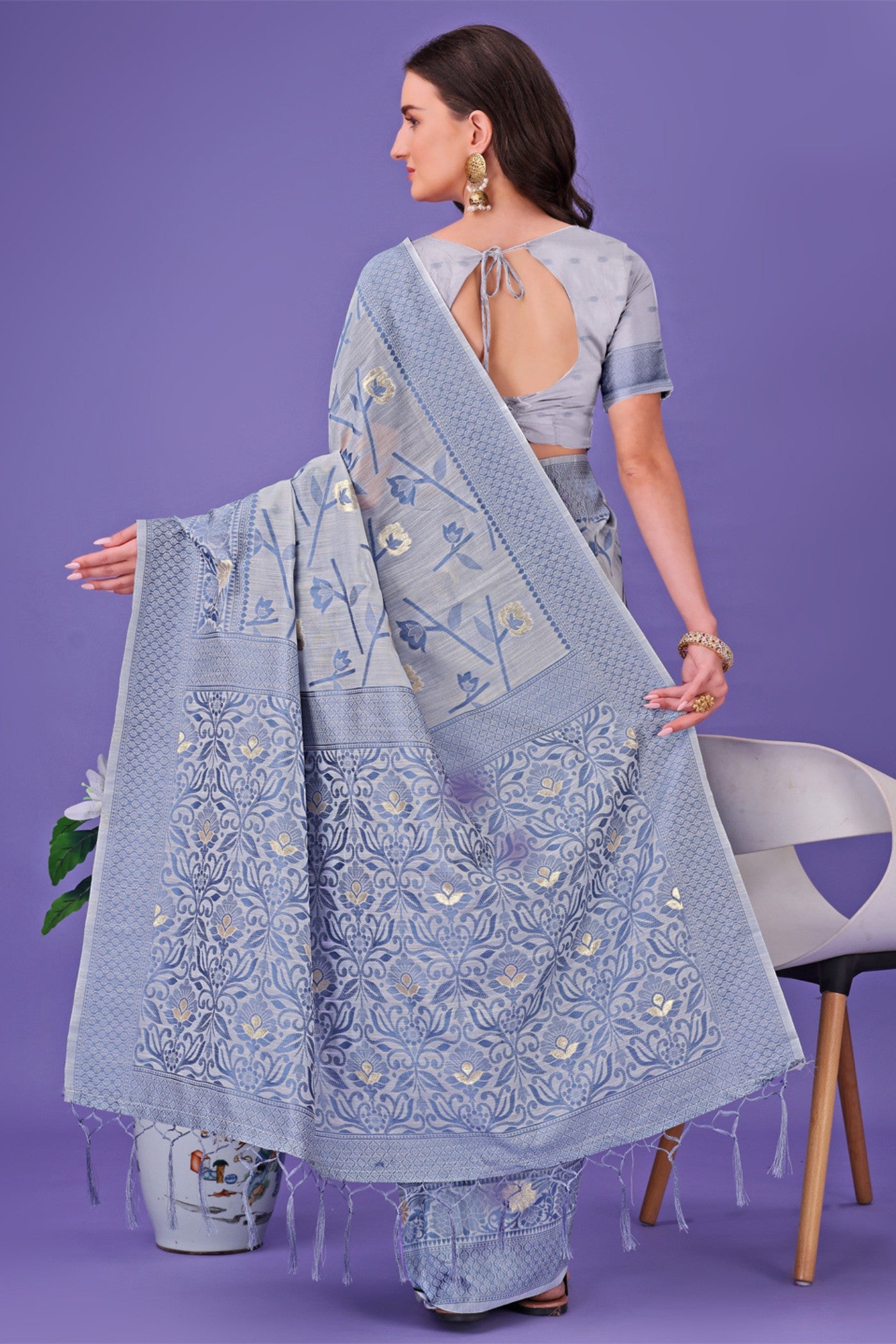 Buy MySilkLove Space Blue Linen Cotton Saree Online