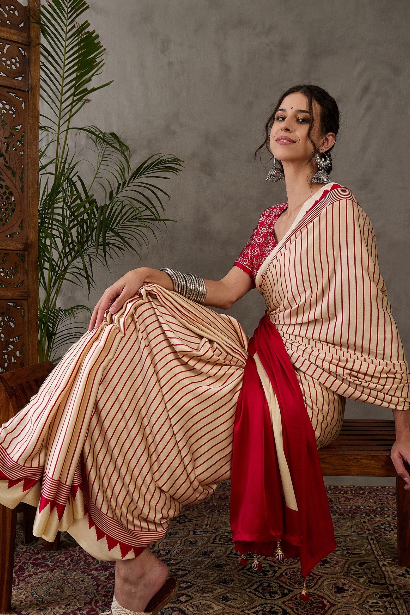 Buy MySilkLove Almond Cream and Red Printed Satin Gaji Silk Saree Online