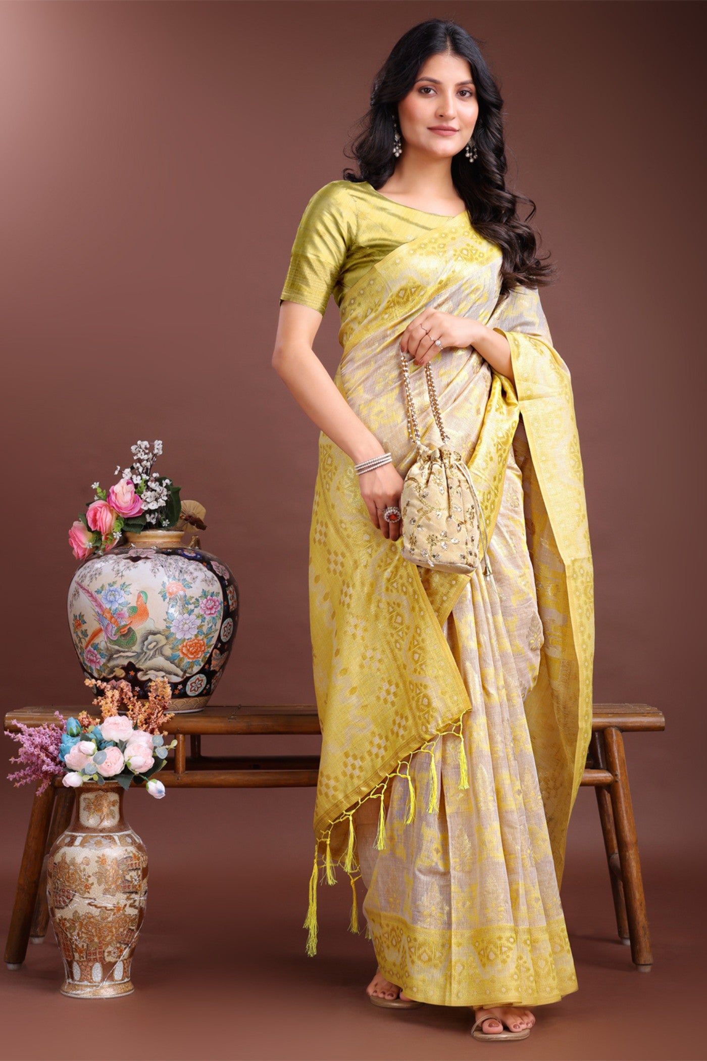 MySilkLove Aureolin Yellow Linen Cotton Saree