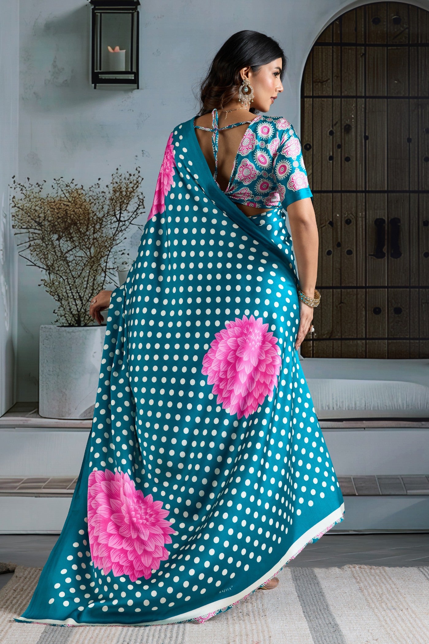 Buy MySilkLove Cornflower Blue Printed Polka Dots Satin Crepe Saree Online
