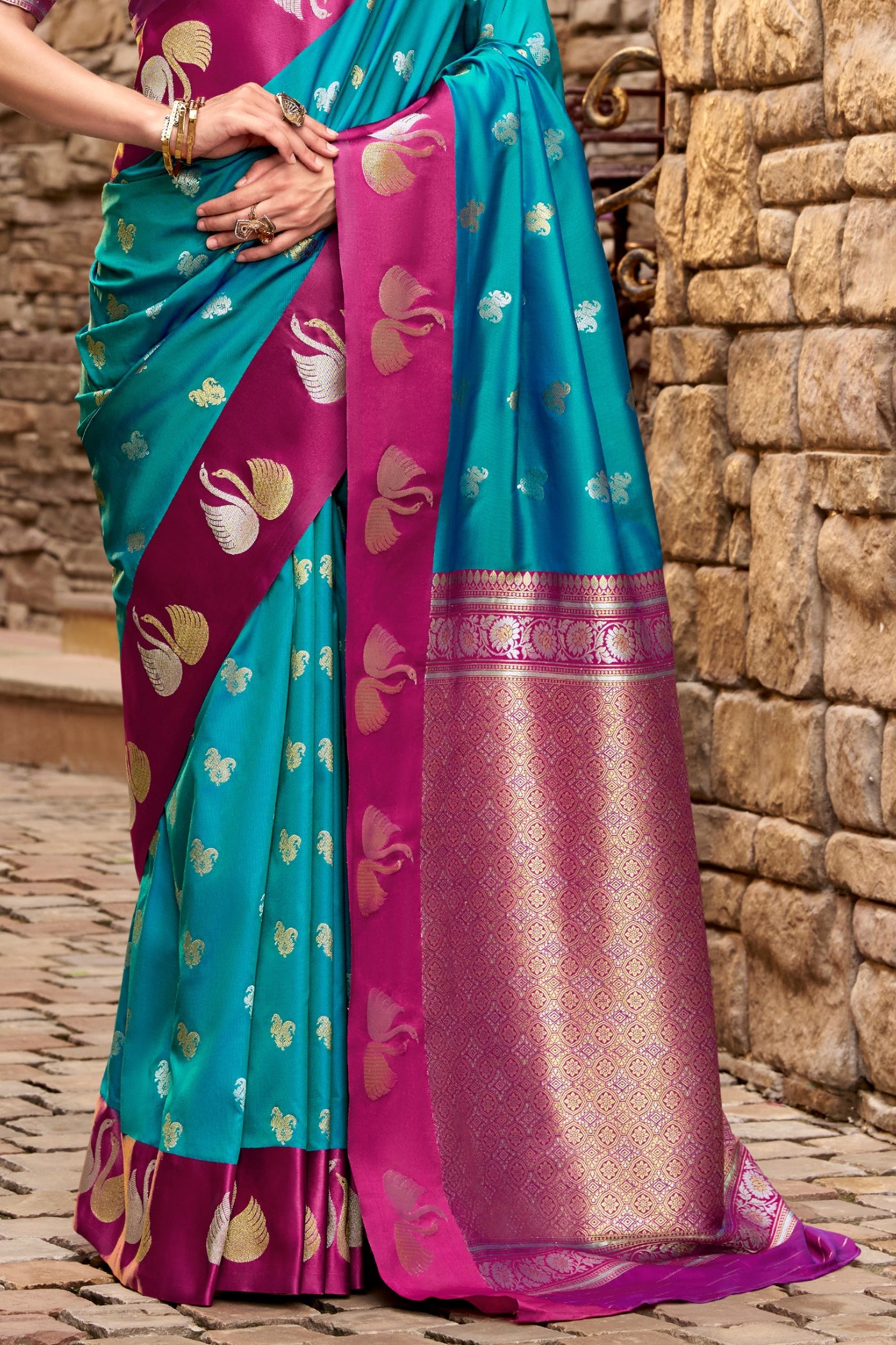 Buy MySilkLove Windows Blue Woven Satin Soft Silk Saree Online