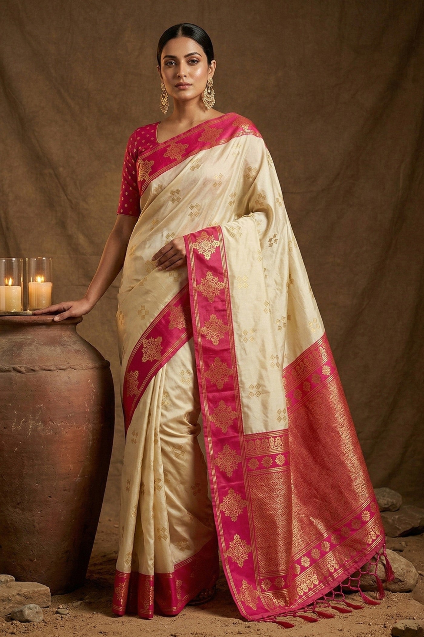 Buy MySilkLove Vanilla Cream Woven Banarasi Soft Silk Saree Online