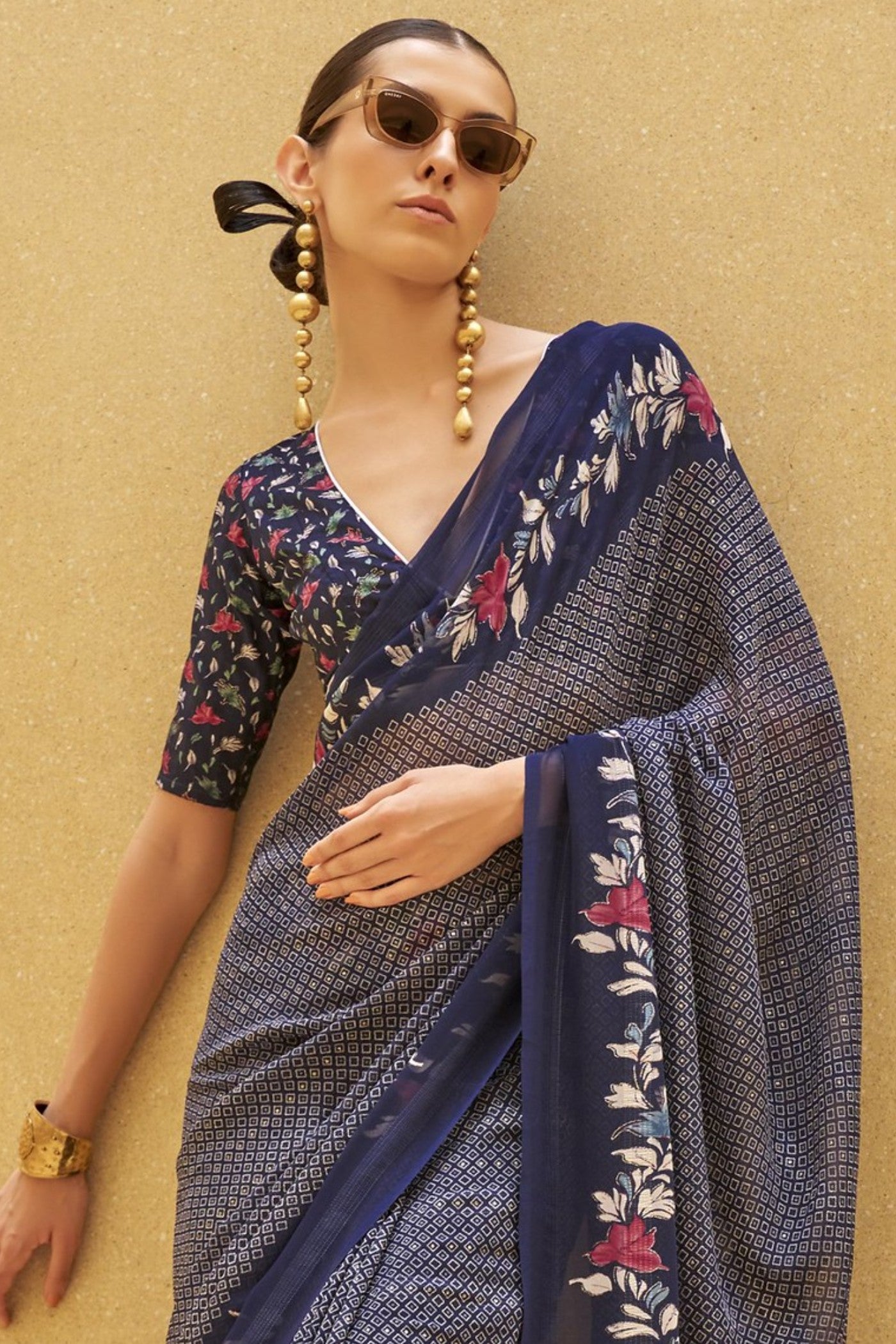 Buy MySilkLove Mulled Blue Georgette Printed Saree Online