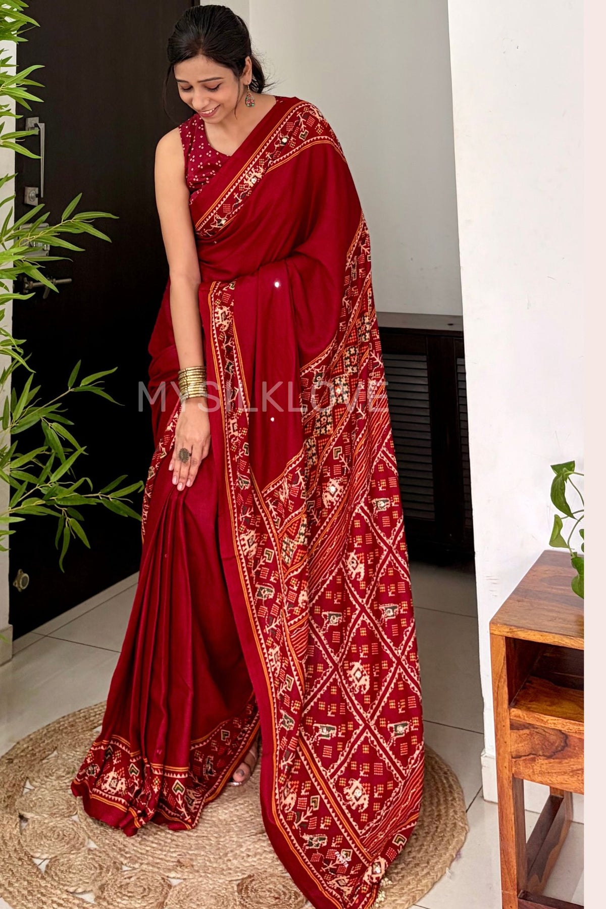 Buy MySilkLove Vermilion Red Patola Pallu Embroidery Mirror Work Modal Soft Silk Saree Online