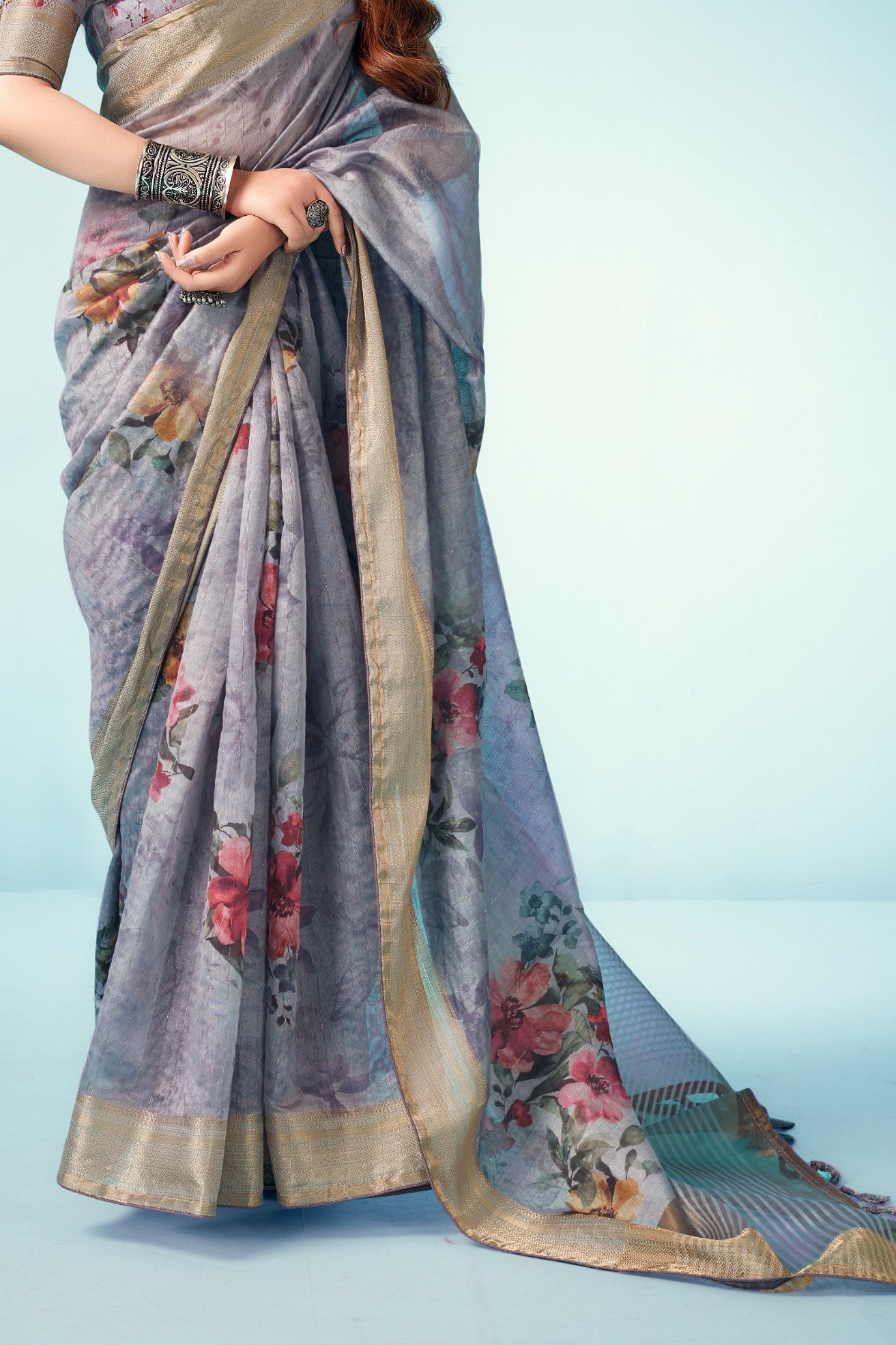 Buy MySilkLove Chatelle Grey Floral Linen Saree Online