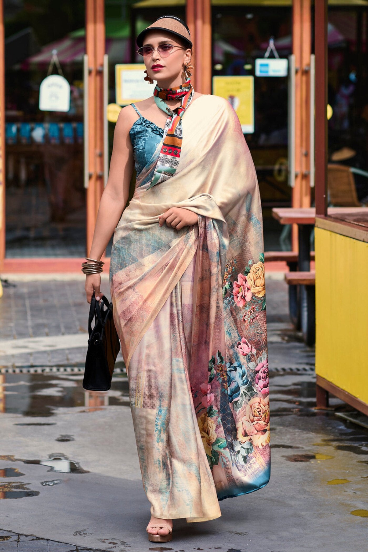 Buy MySilkLove Almond Cream Printed Satin Crepe Silk Saree Online