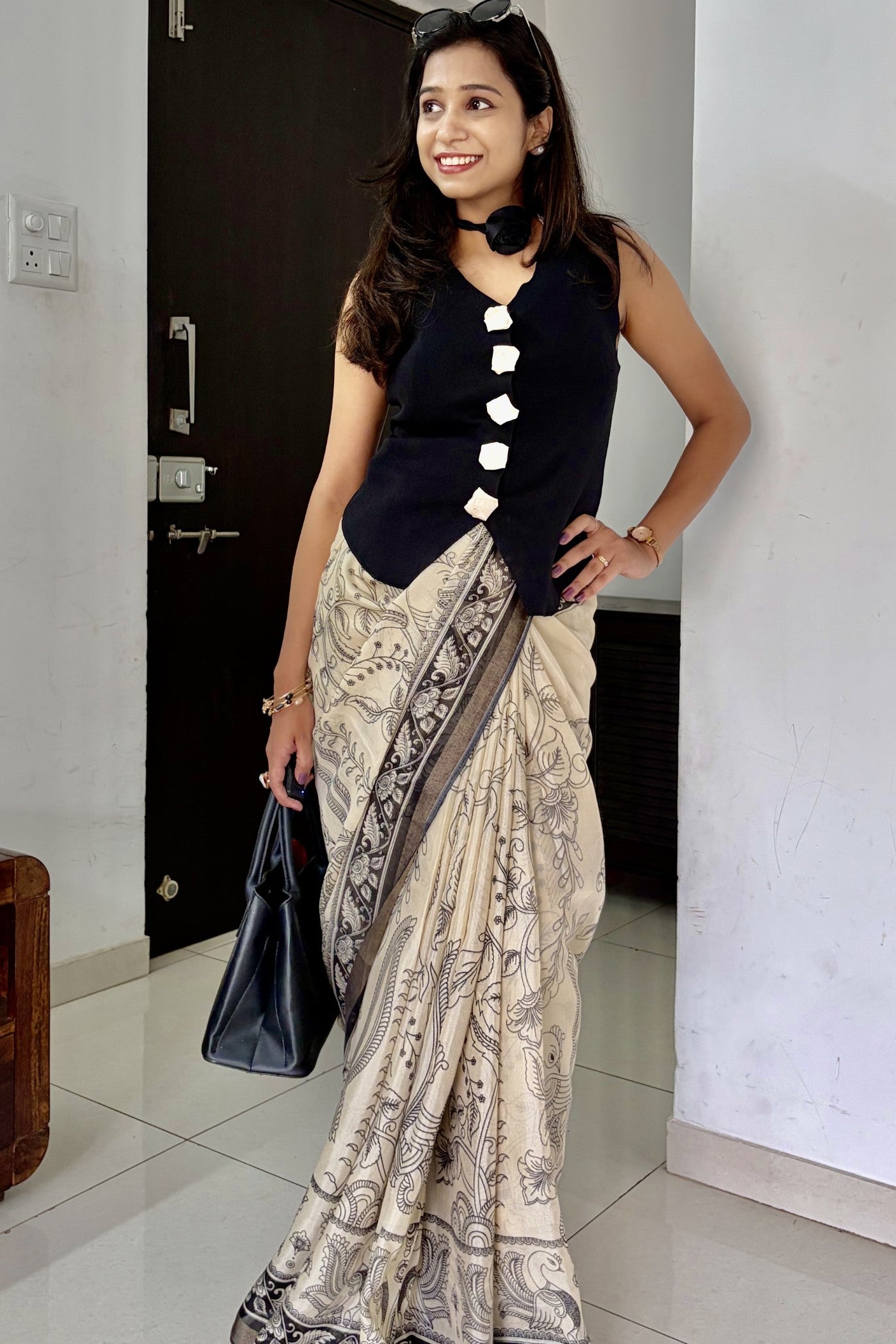 Buy MySilkLove Indowestern Style Black and Cream Mul Cotton Kalamkari Saree Online
