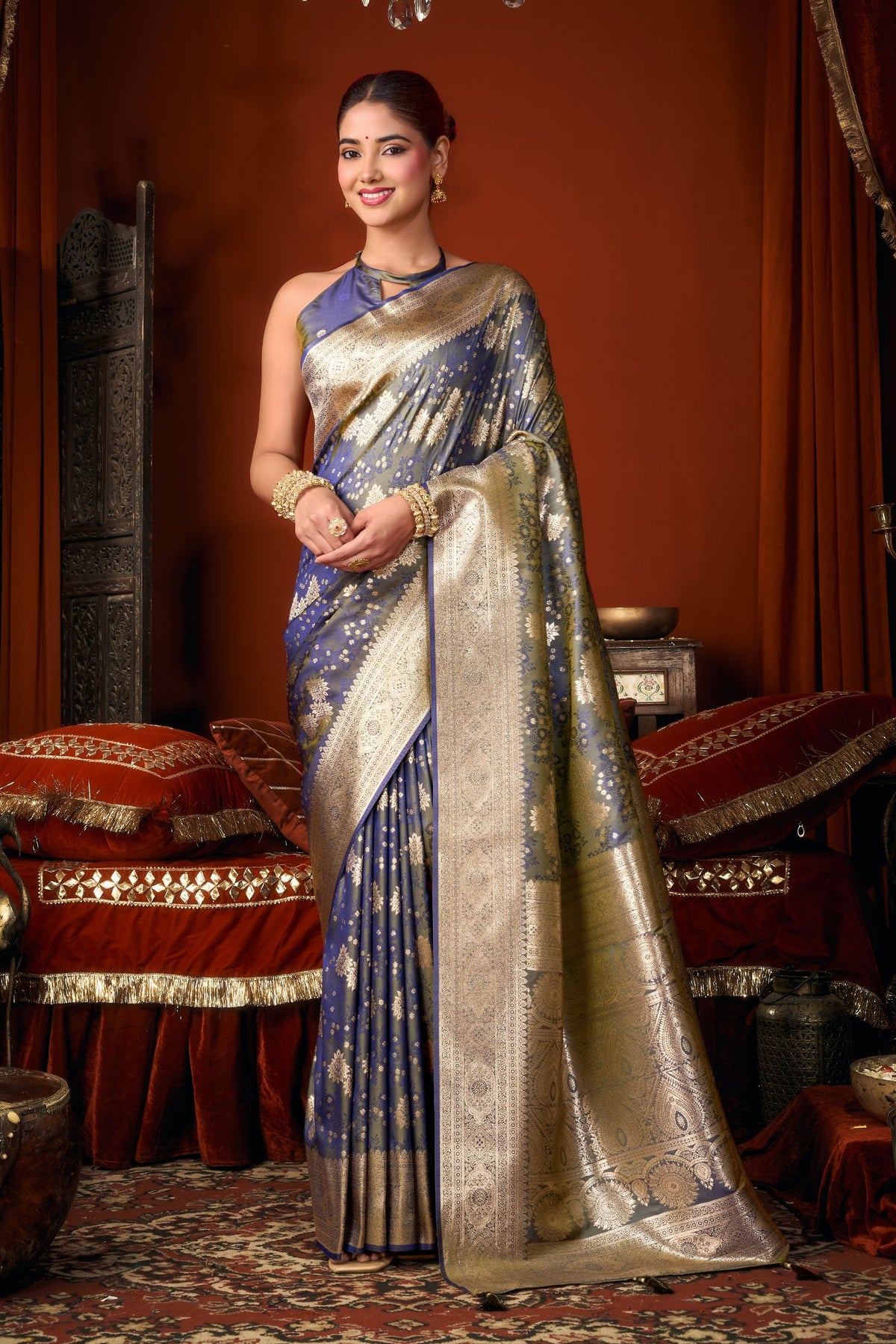 Buy MySilkLove Storm Cloud Grey Woven Banarasi Jacquard Soft Silk Saree Online