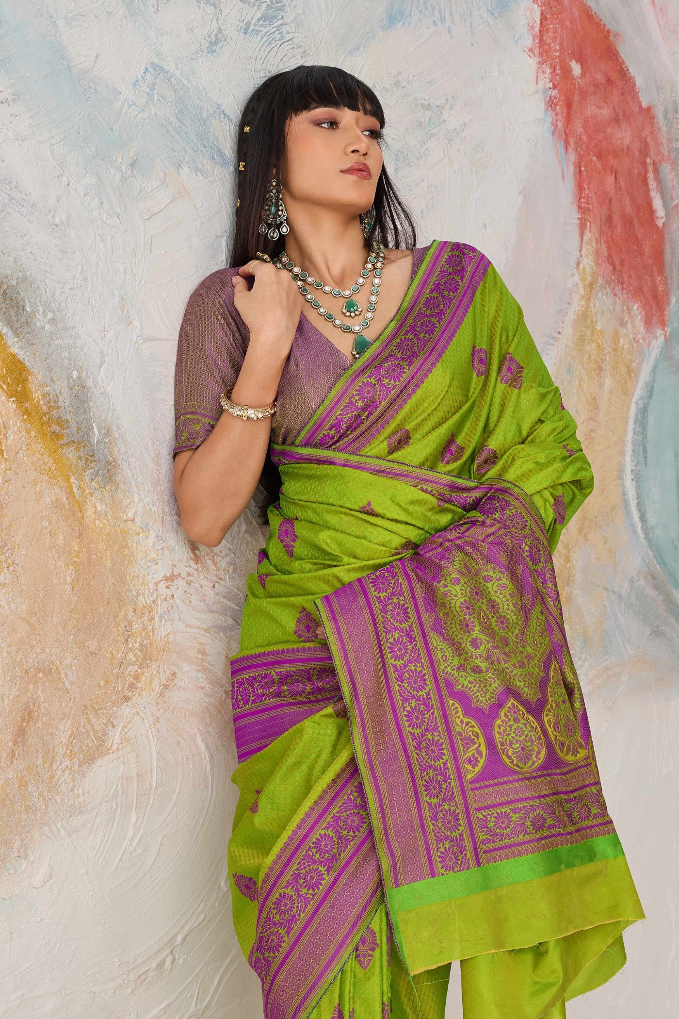 Buy MySilkLove Matcha Green Woven Tanchoi Kanjivaram Saree Online