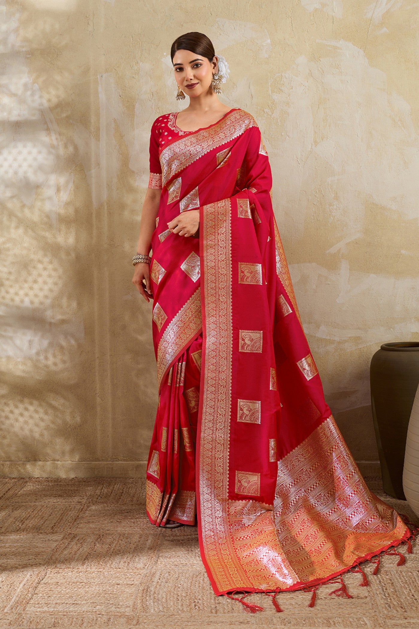 Buy MySilkLove Melon Red Woven Banarasi Soft Silk Saree Online