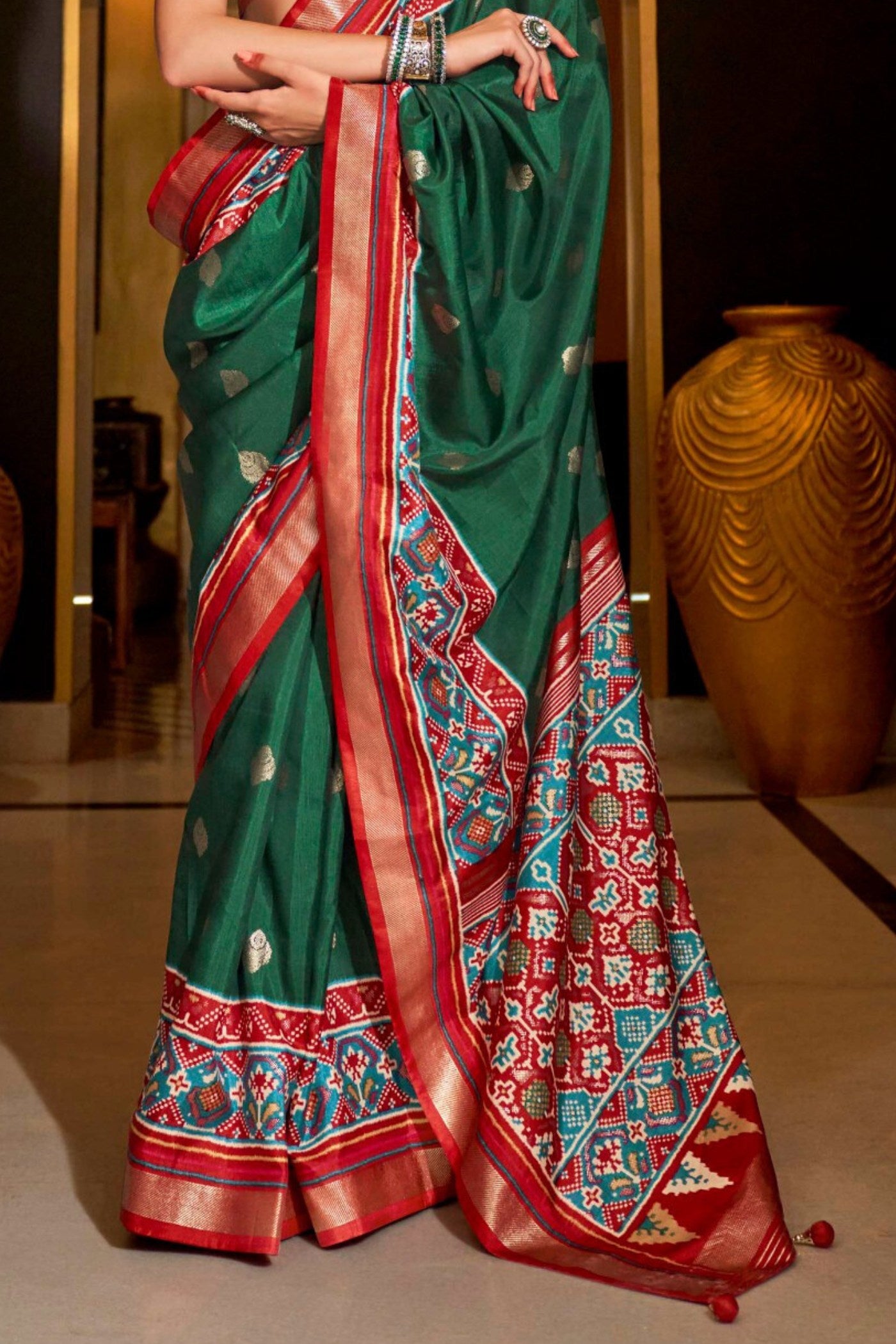 Buy MySilkLove Viridian Green Printed Patola Saree Online