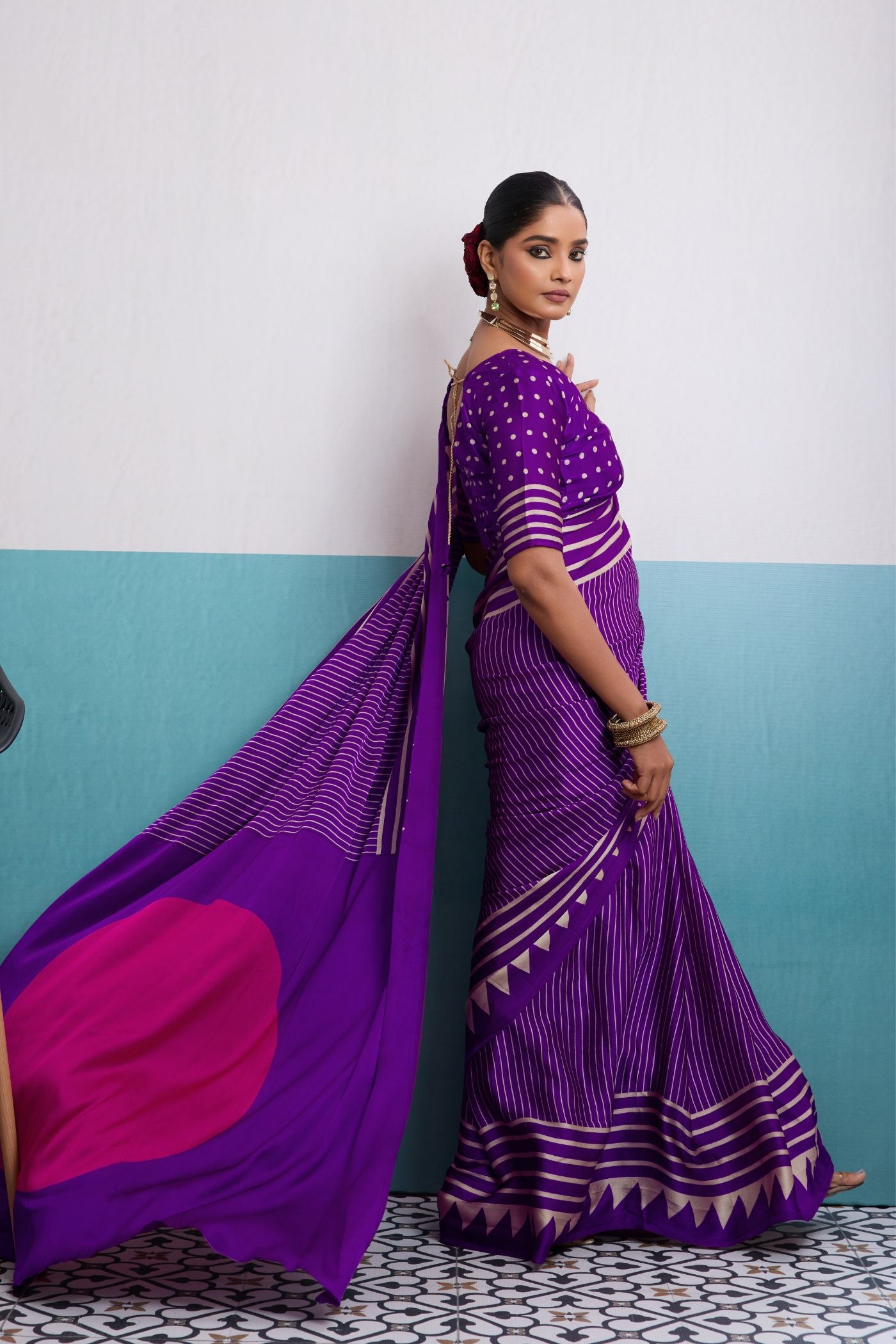 MySilkLove Bloom Purple Stripe Ajrakh Printed Satin Crepe Silk Saree