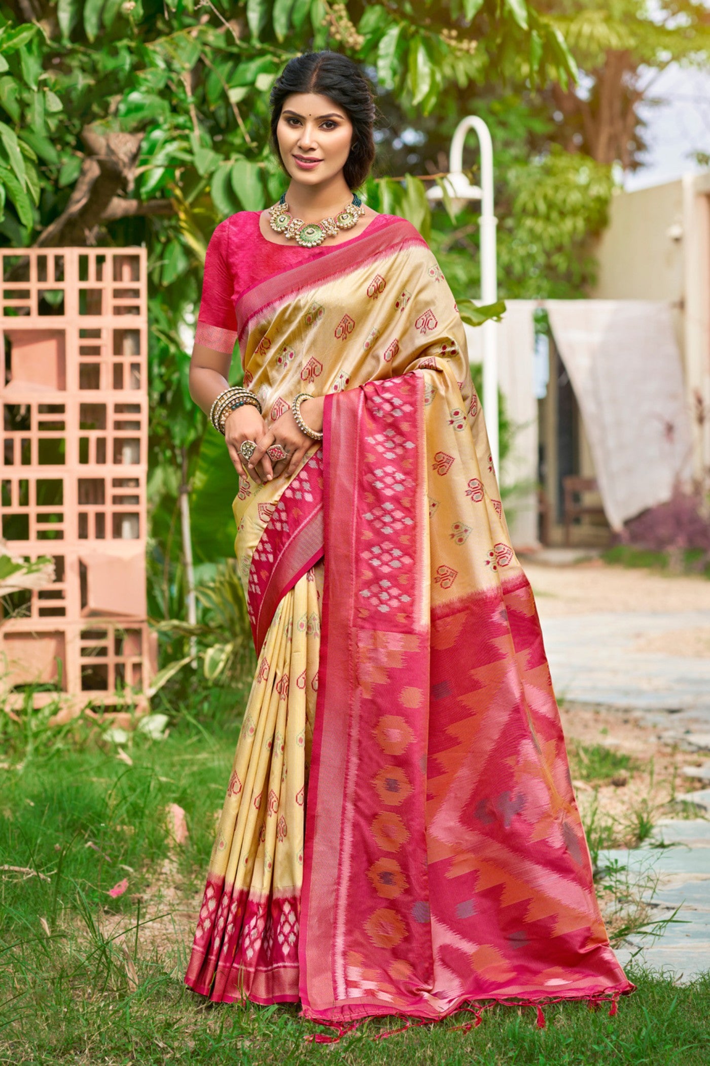 Buy MySilkLove Biscuit Cream Ikkat Soft Silk Saree Online
