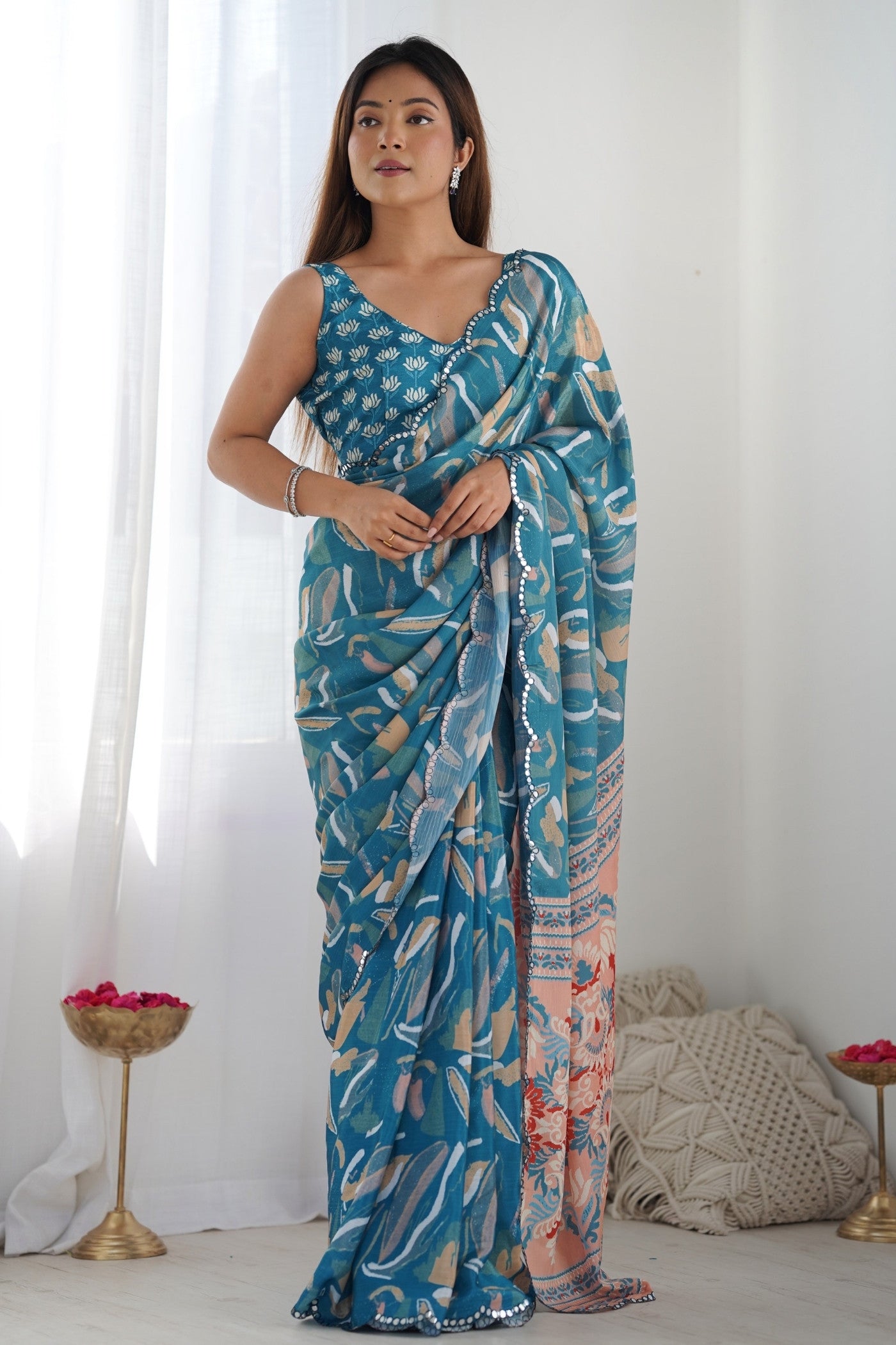 Buy MySilkLove Neptune Blue Digital Printed Chinon Saree Online