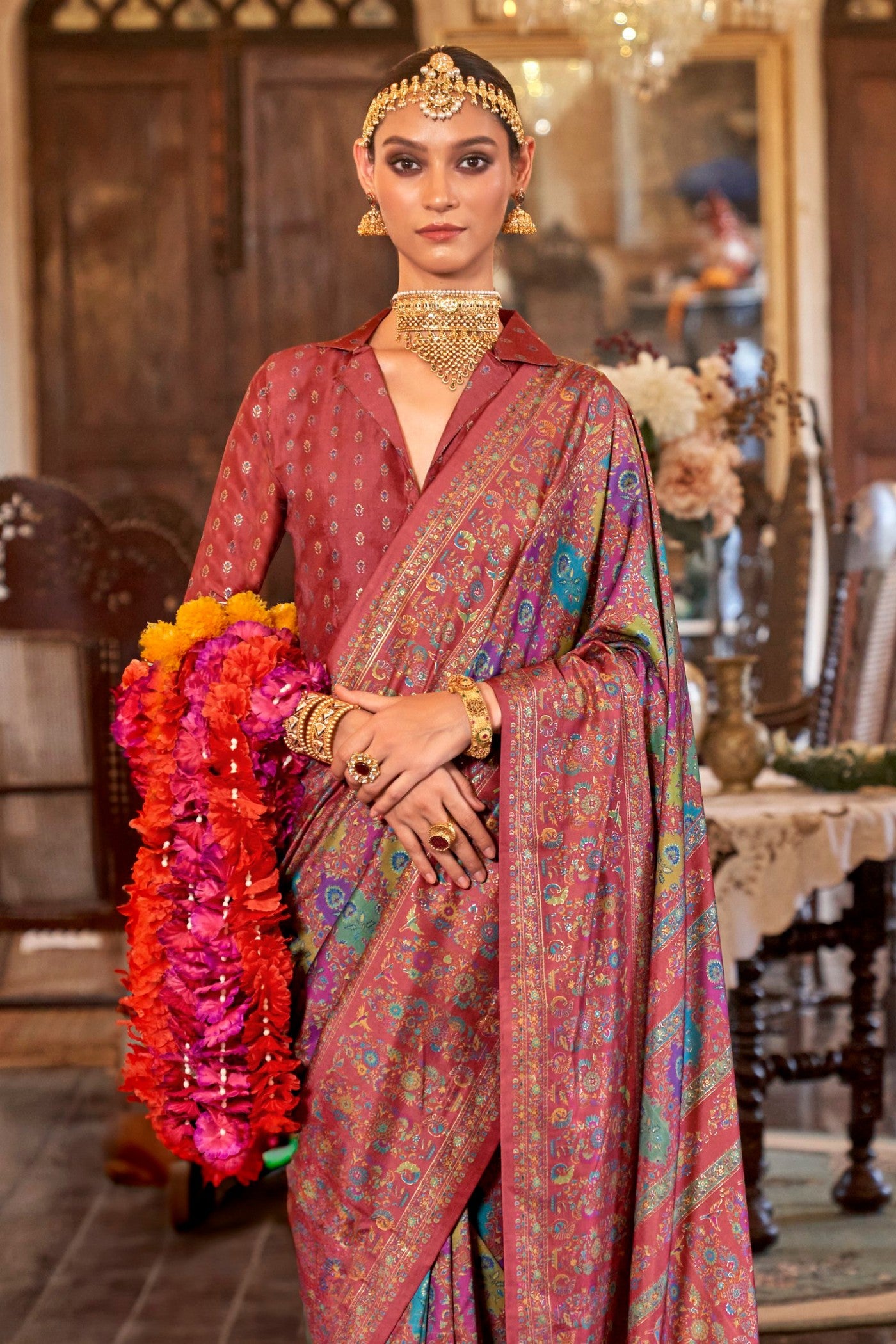 Buy MySilkLove Vale Maroon Printed Jamewar Saree Online