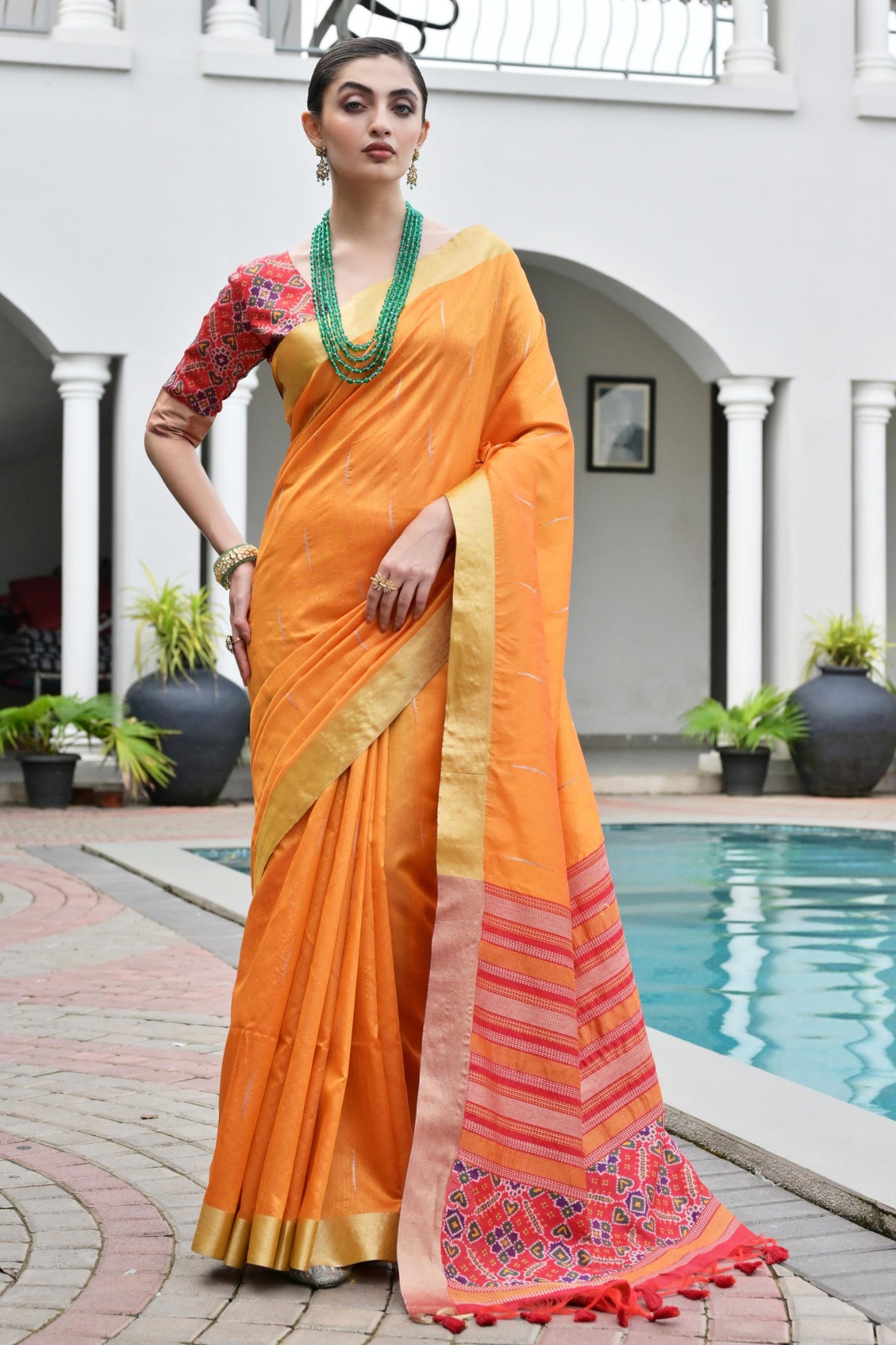 Buy MySilkLove Tiger Orange Meenakari Woven Patola Saree Online