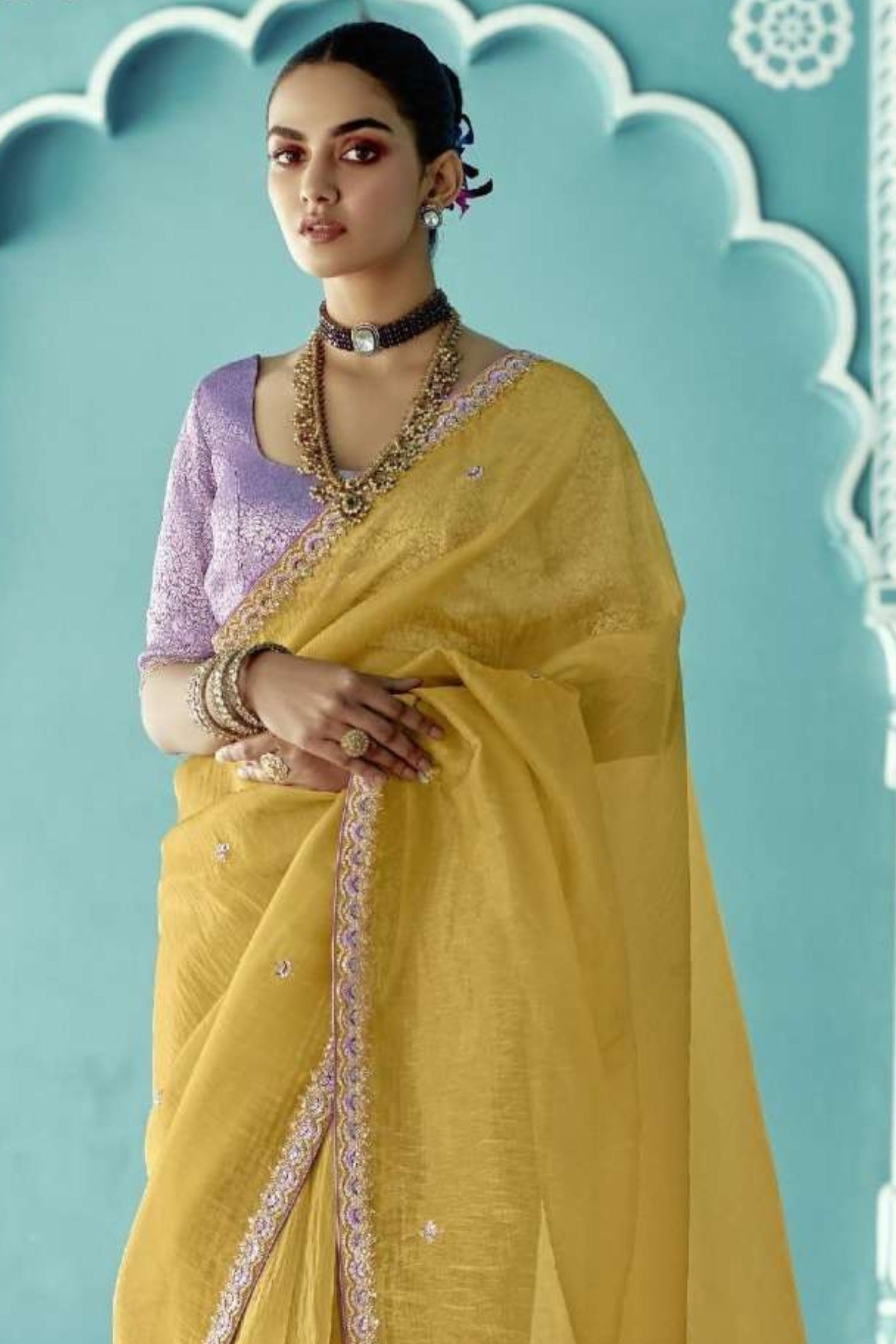 MySilkLove Husk Yellow Embroidered Tissue Designer Saree