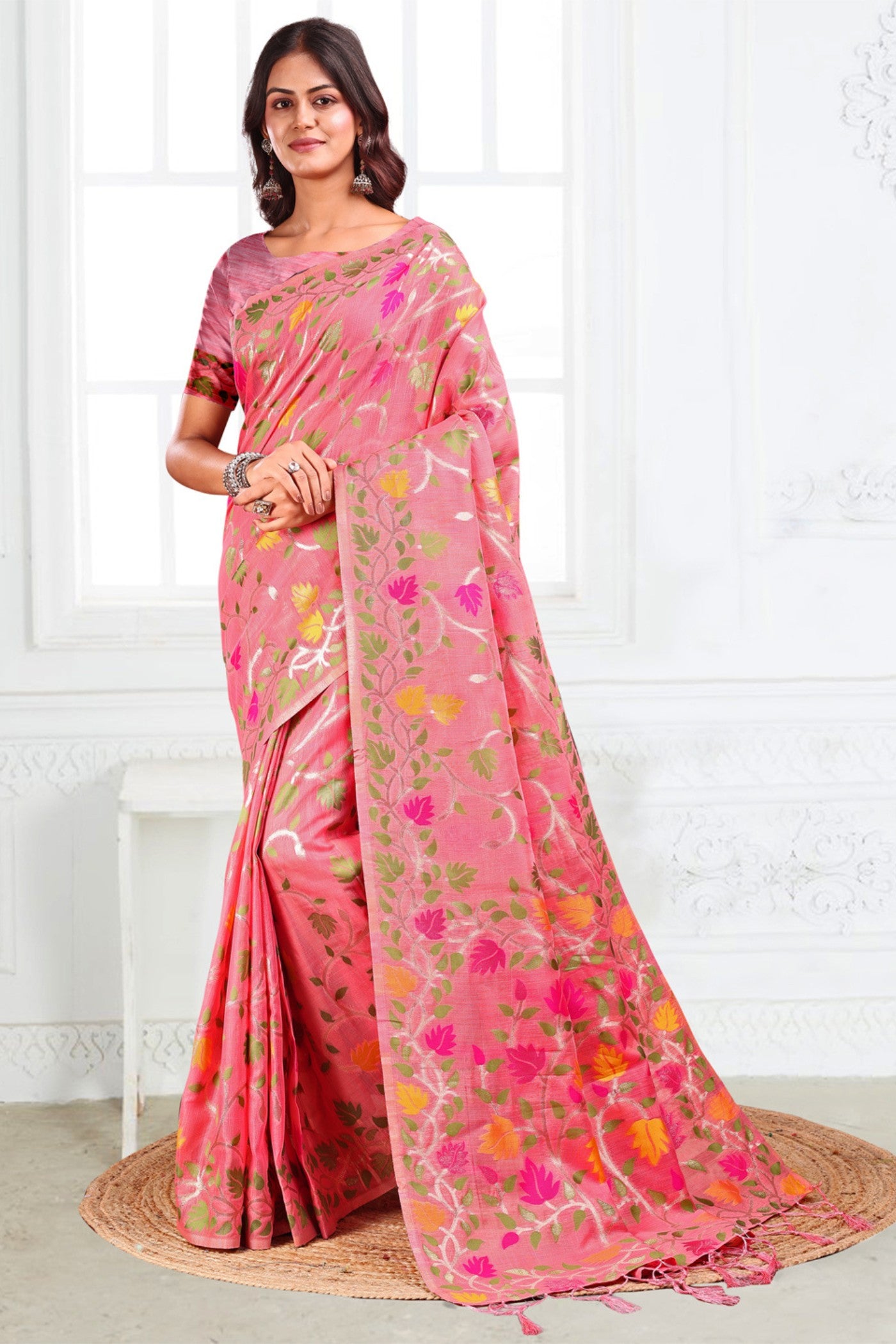 Buy MySilkLove Coral Pink Woven Linen Cotton Saree Online