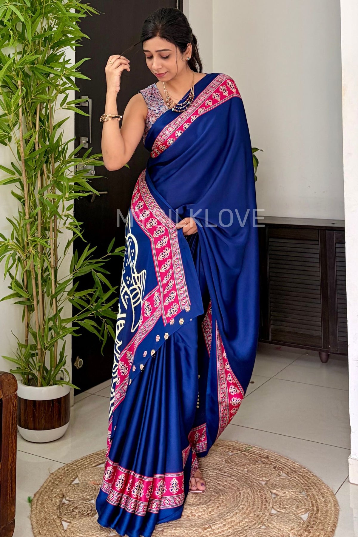 MySilkLove Cobalt Blue Modal Ajrakh Satin Printed Silk Saree