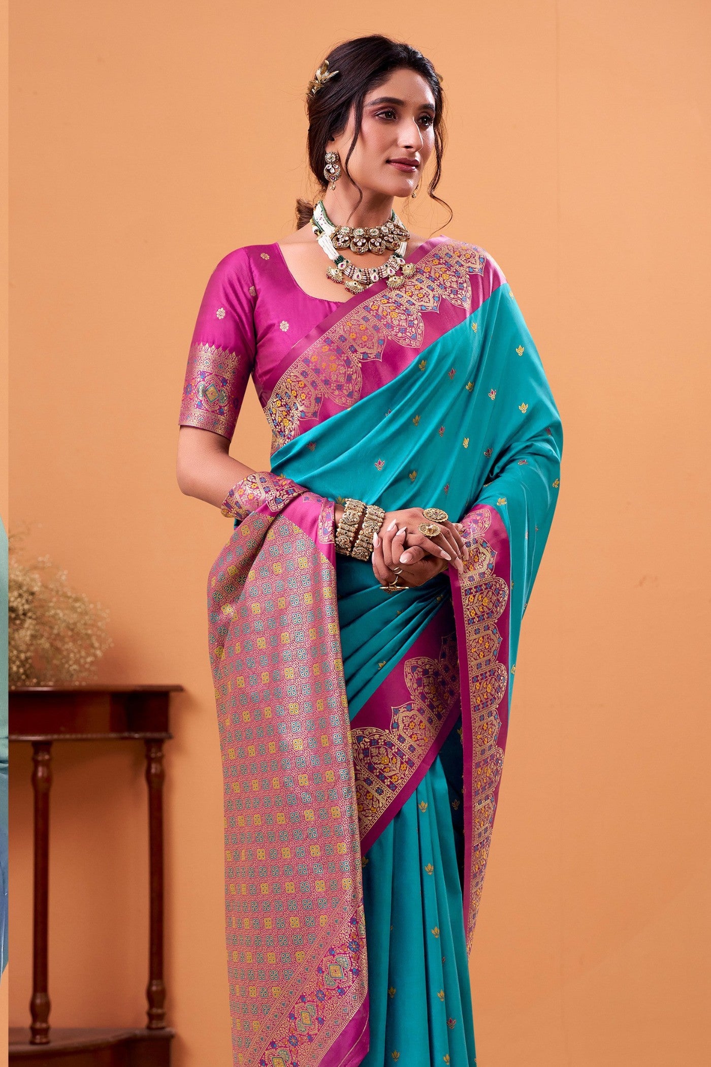 MySilkLove Porpoise Blue Woven Satin Soft Silk Saree