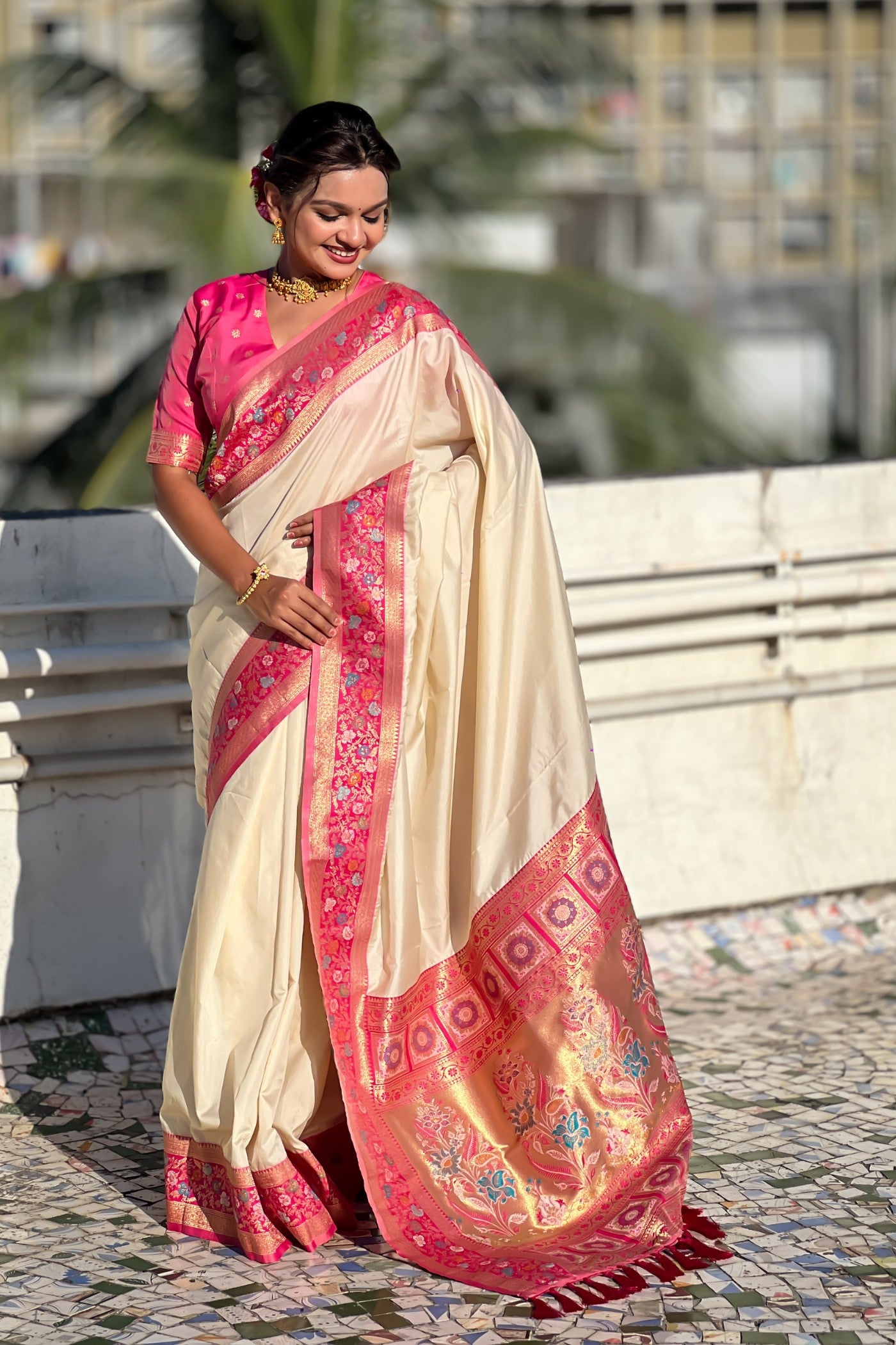 Buy MySilkLove Soapstone White Zari Woven Paithani Saree Online