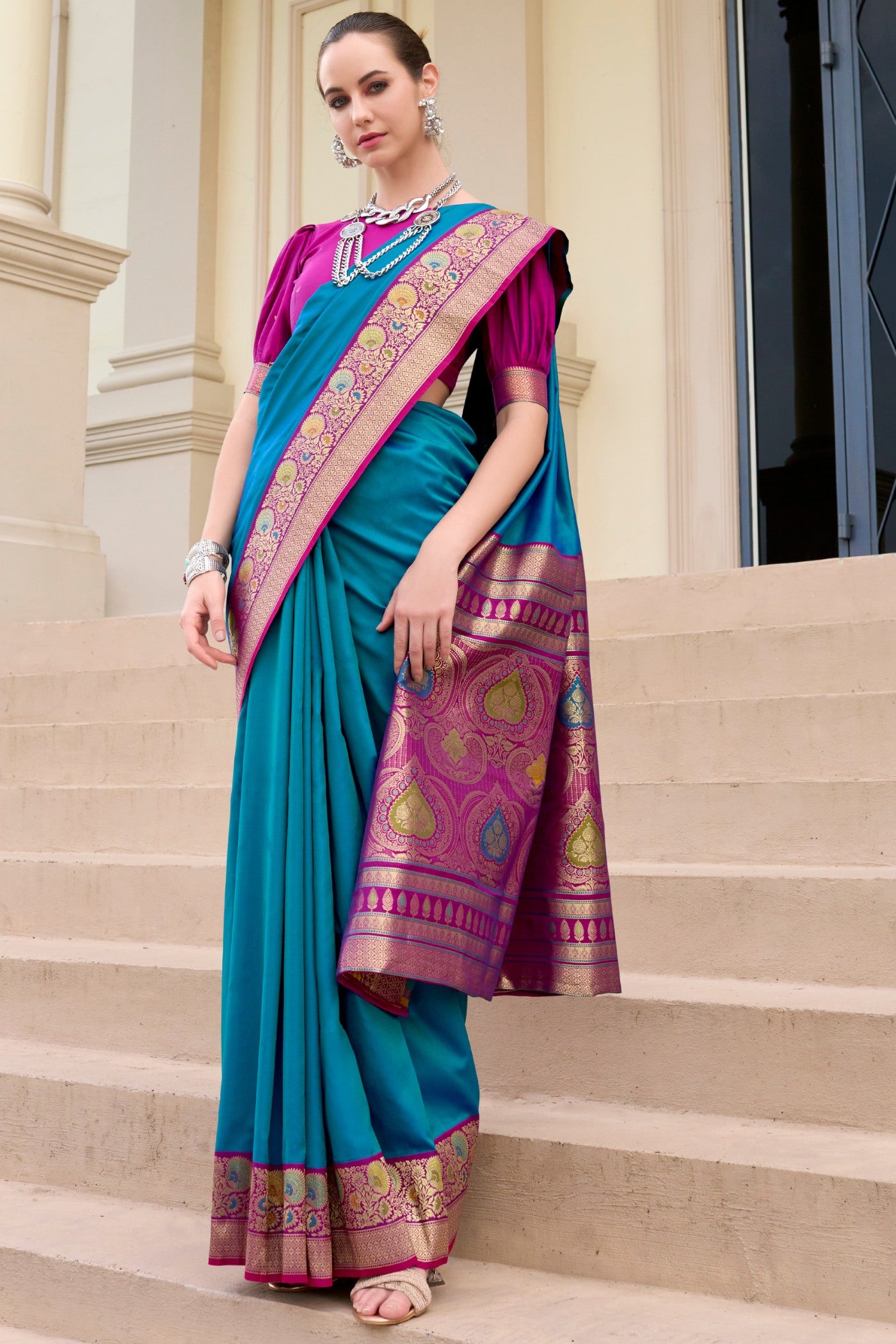 Buy MySilkLove Bahama Blue Woven Banarasi Soft Silk Saree Online