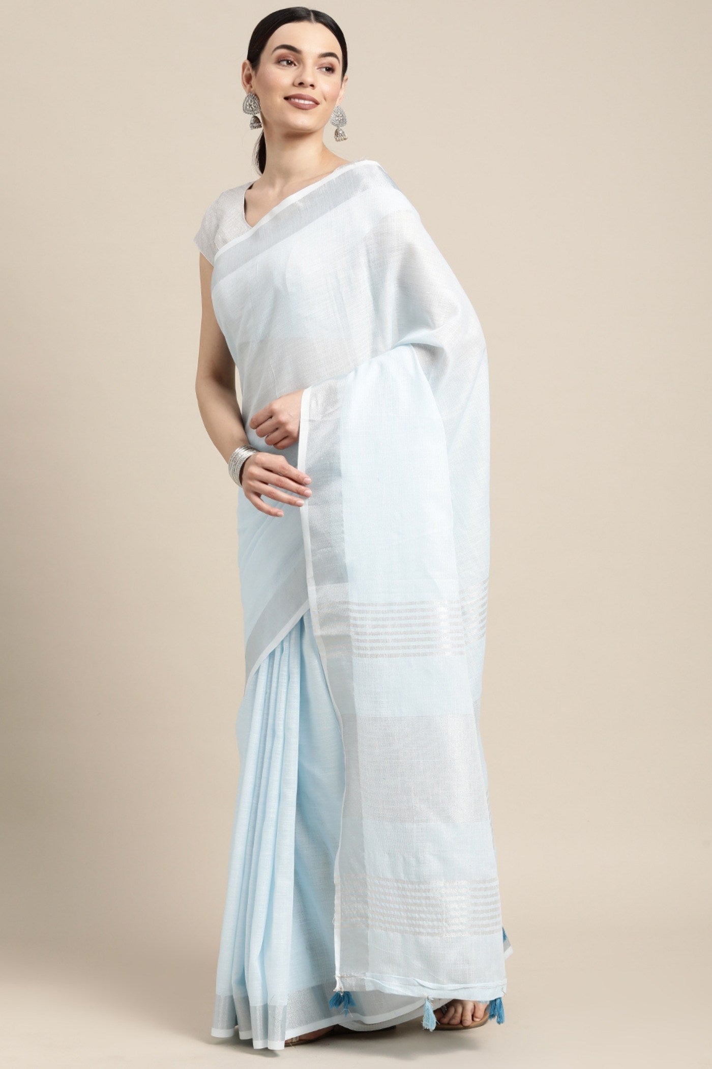 Buy MySilkLove Powder Blue Woven Linen Cotton Saree Online