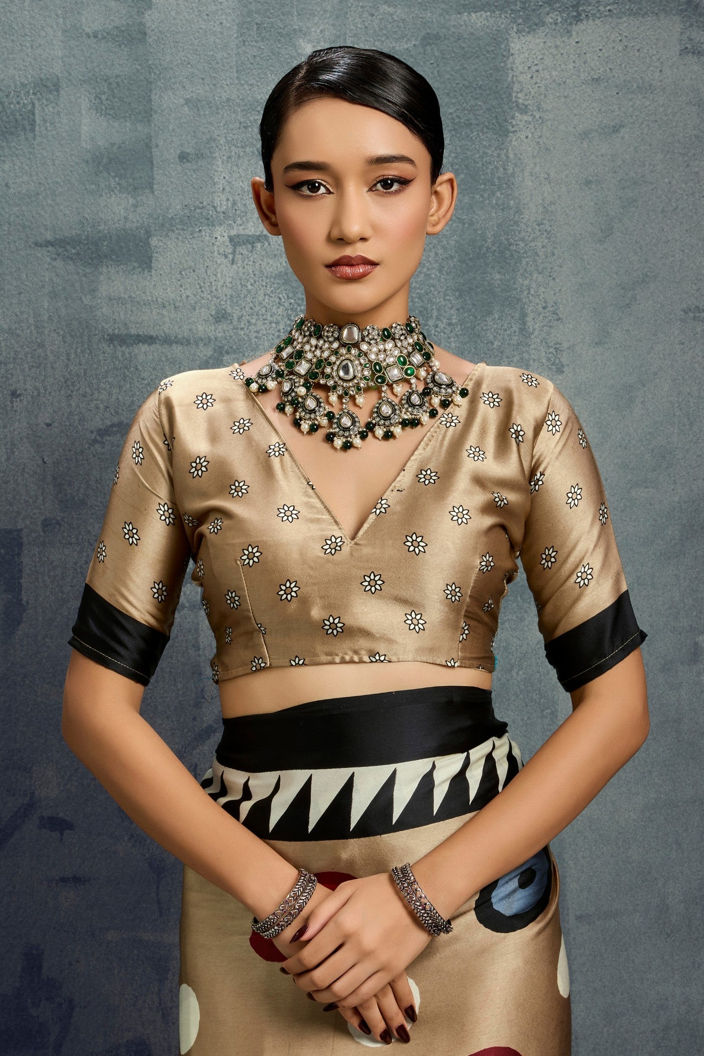 Buy MySilkLove Walnut Brown Ajrakh Printed Satin Crepe Silk Saree Online