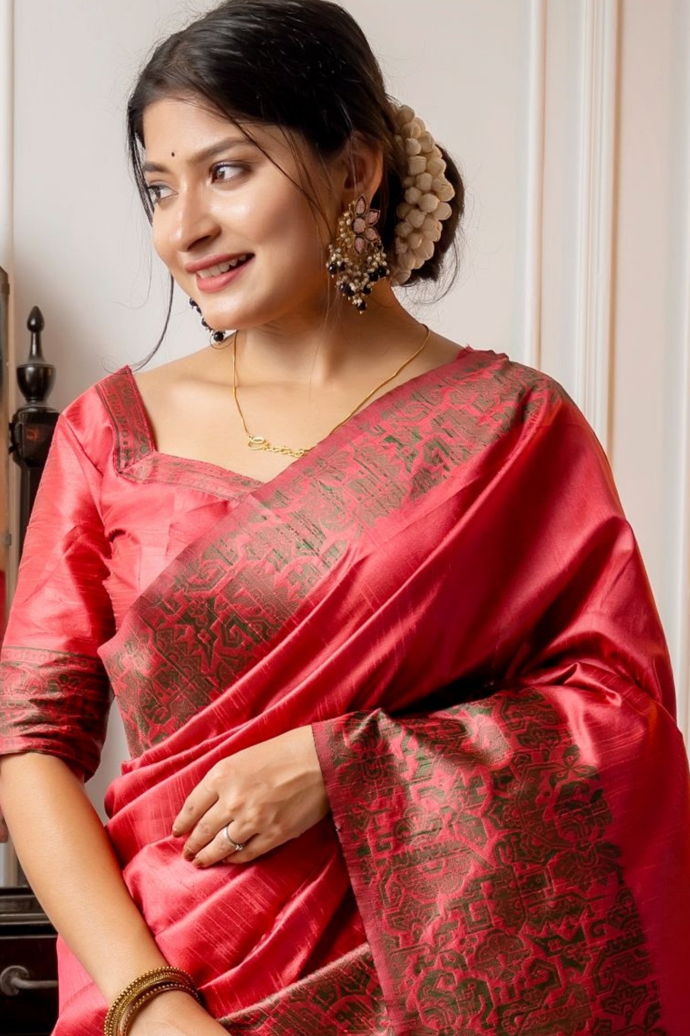 Buy MySilkLove Cantaloupe Red Banarasi Handloom Raw Silk Saree Online