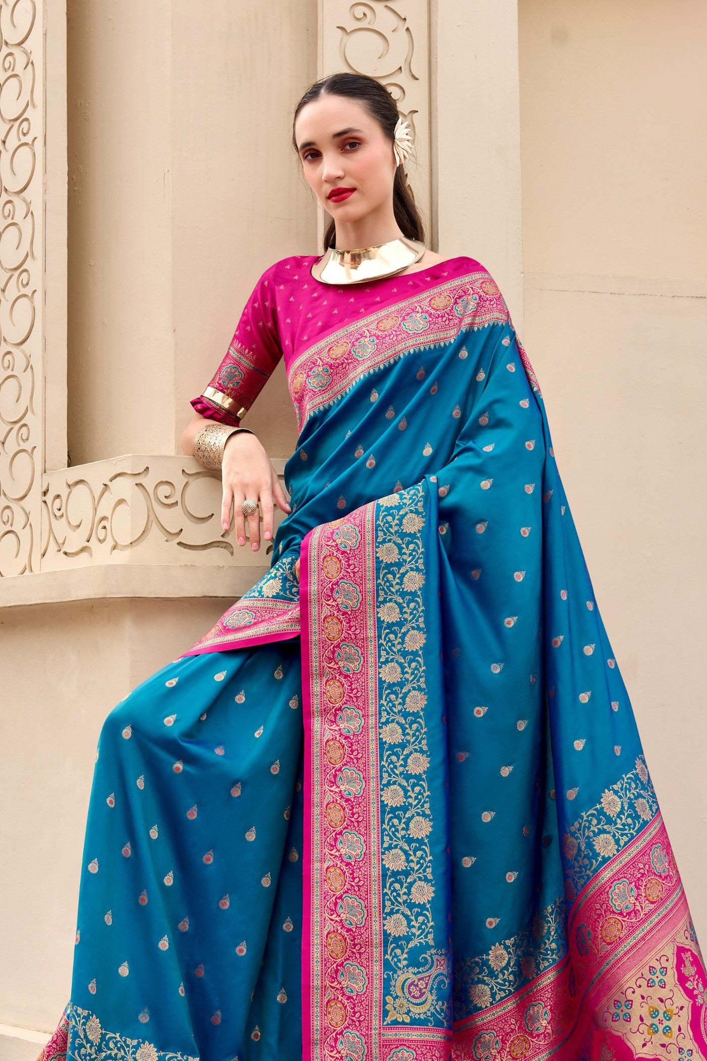 Buy MySilkLove Dark Aquamarine Blue Woven Banarasi Saree Online