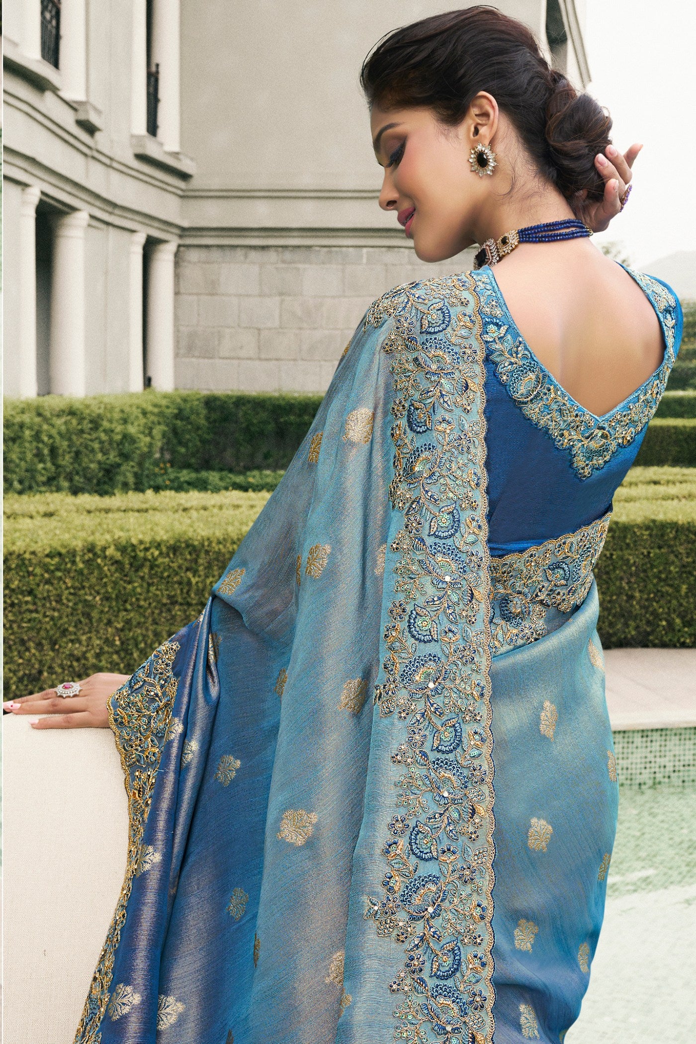 Buy MySilkLove Lynch Blue Banarasi Designer Embroidered Saree Online