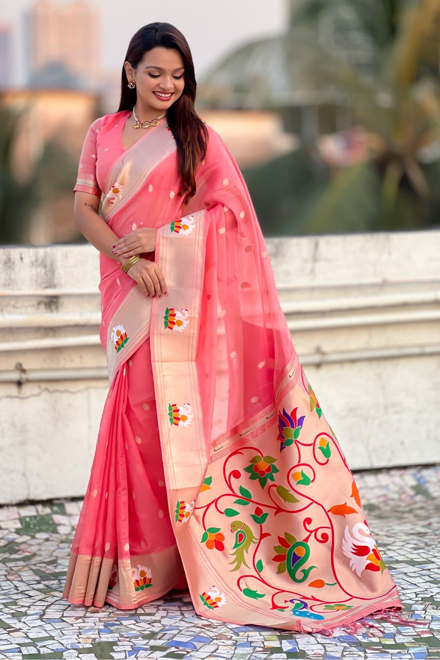 Buy MySilkLove Coral Pink Organza Woven Paithani Saree Online