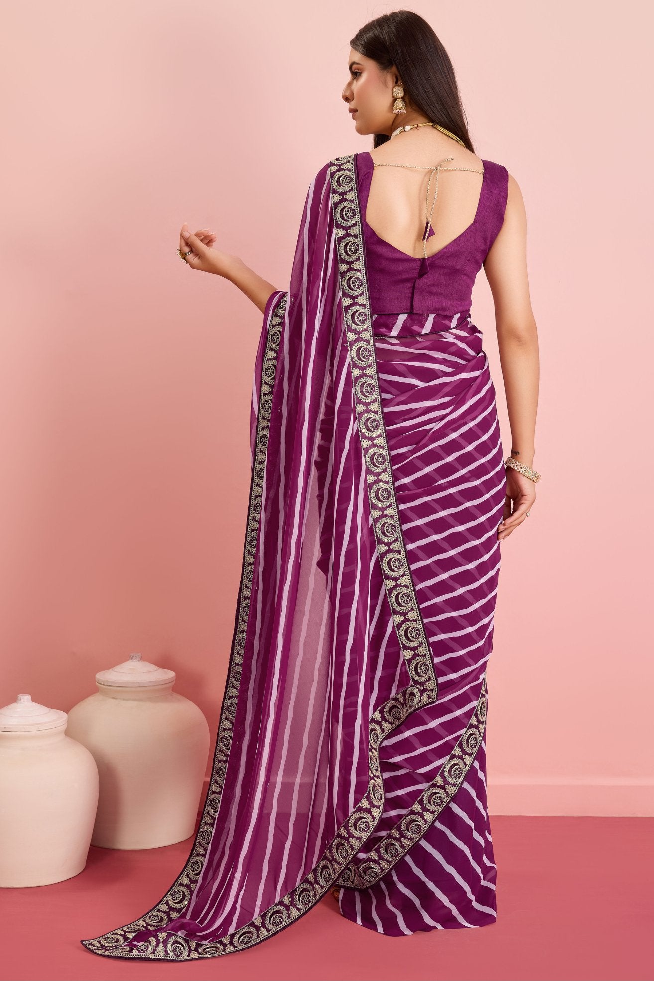 Buy MySilkLove Claret Purple Georgette Lehriya Silk saree Online