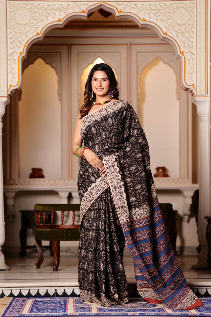 Buy MySilkLove Woody Black Pure Cotton Handblock Printed Saree Online