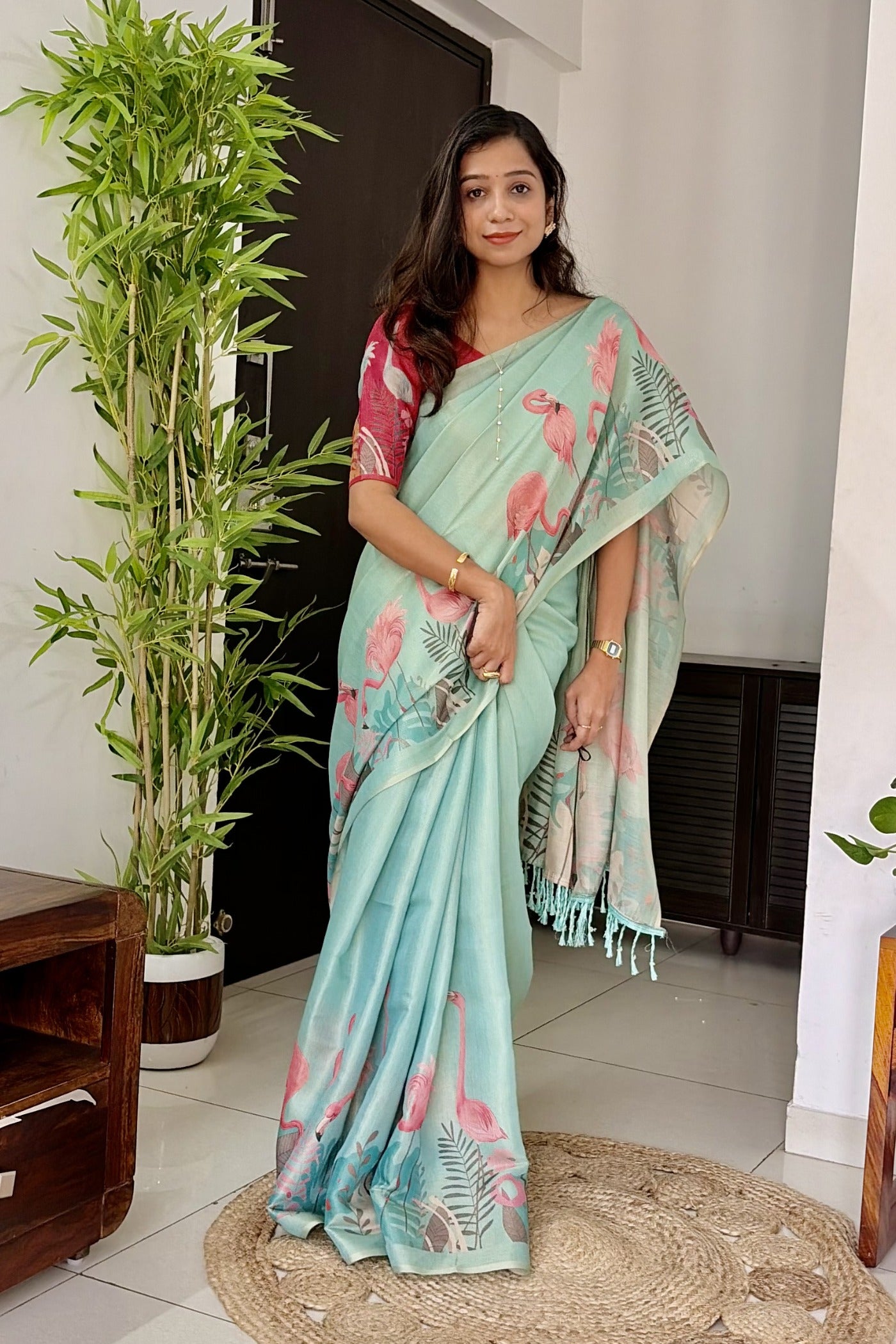 Buy MySilkLove Pastel Blue Printed Linen Saree Online