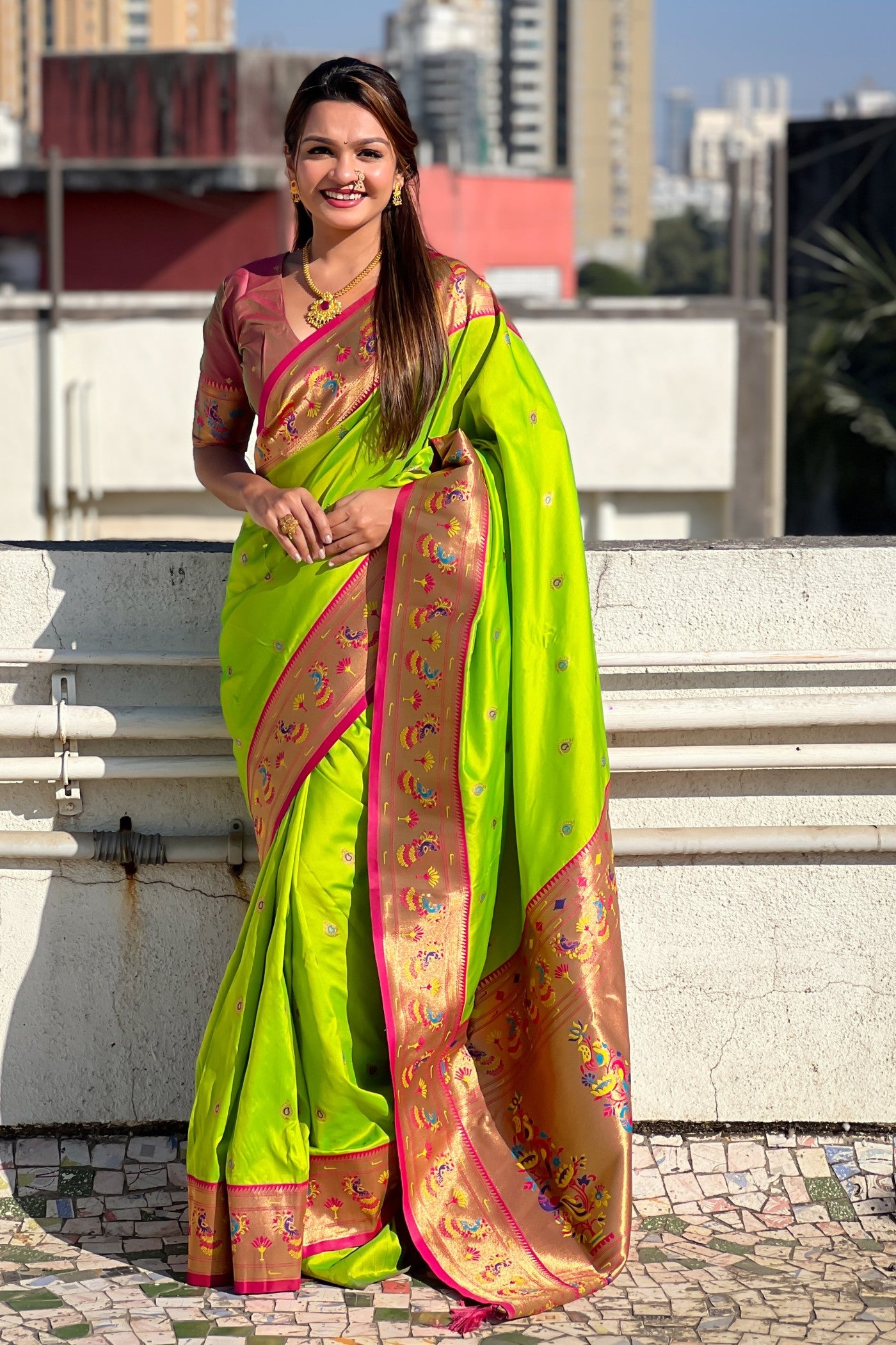 Buy MySilkLove Bahia Green Woven Lotus Paithani Saree Online