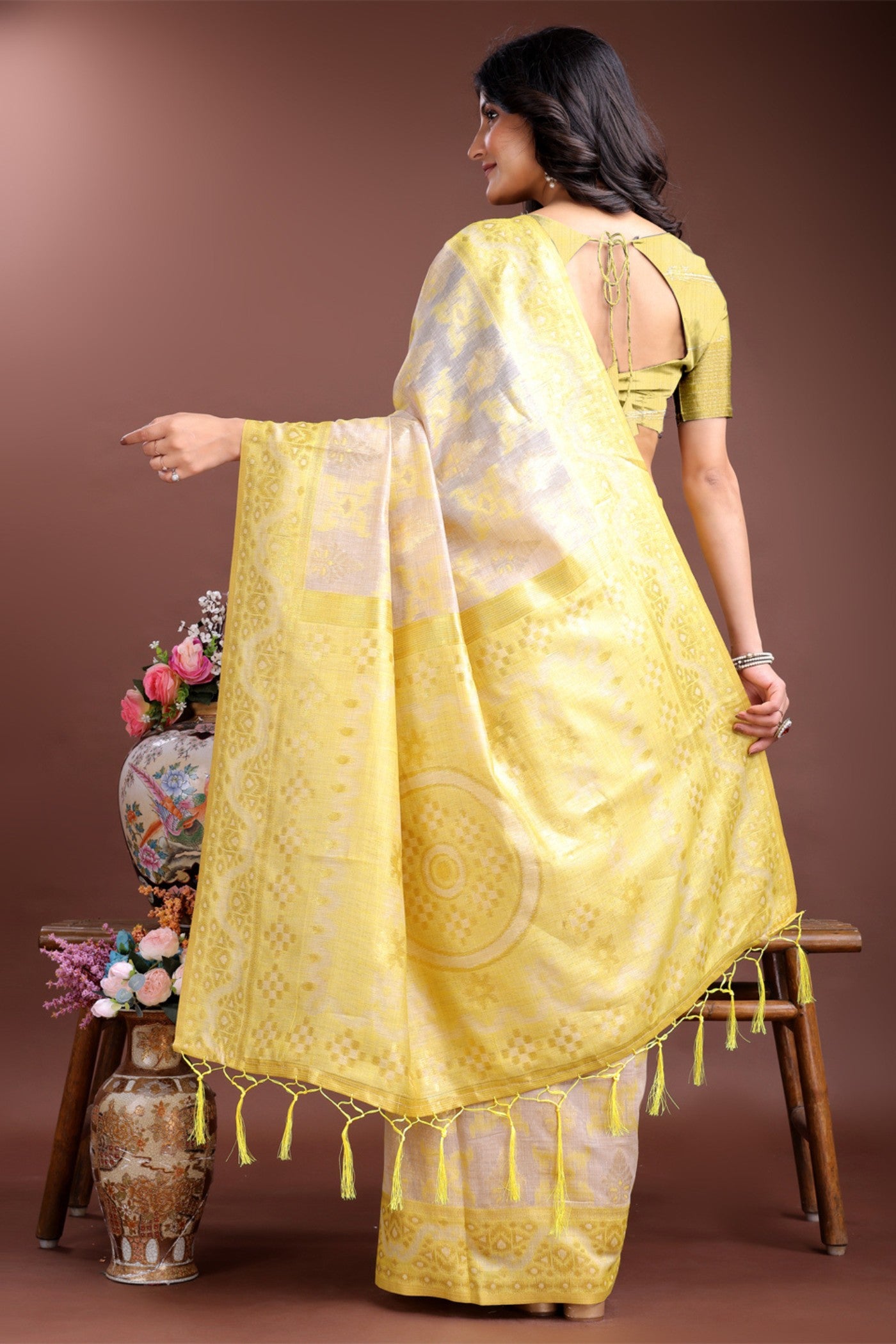 Buy MySilkLove Aureolin Yellow Linen Cotton Saree Online