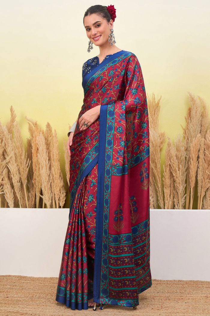 Buy MySilkLove Chili Red and Blue Modal Satin Printed Silk Saree Online