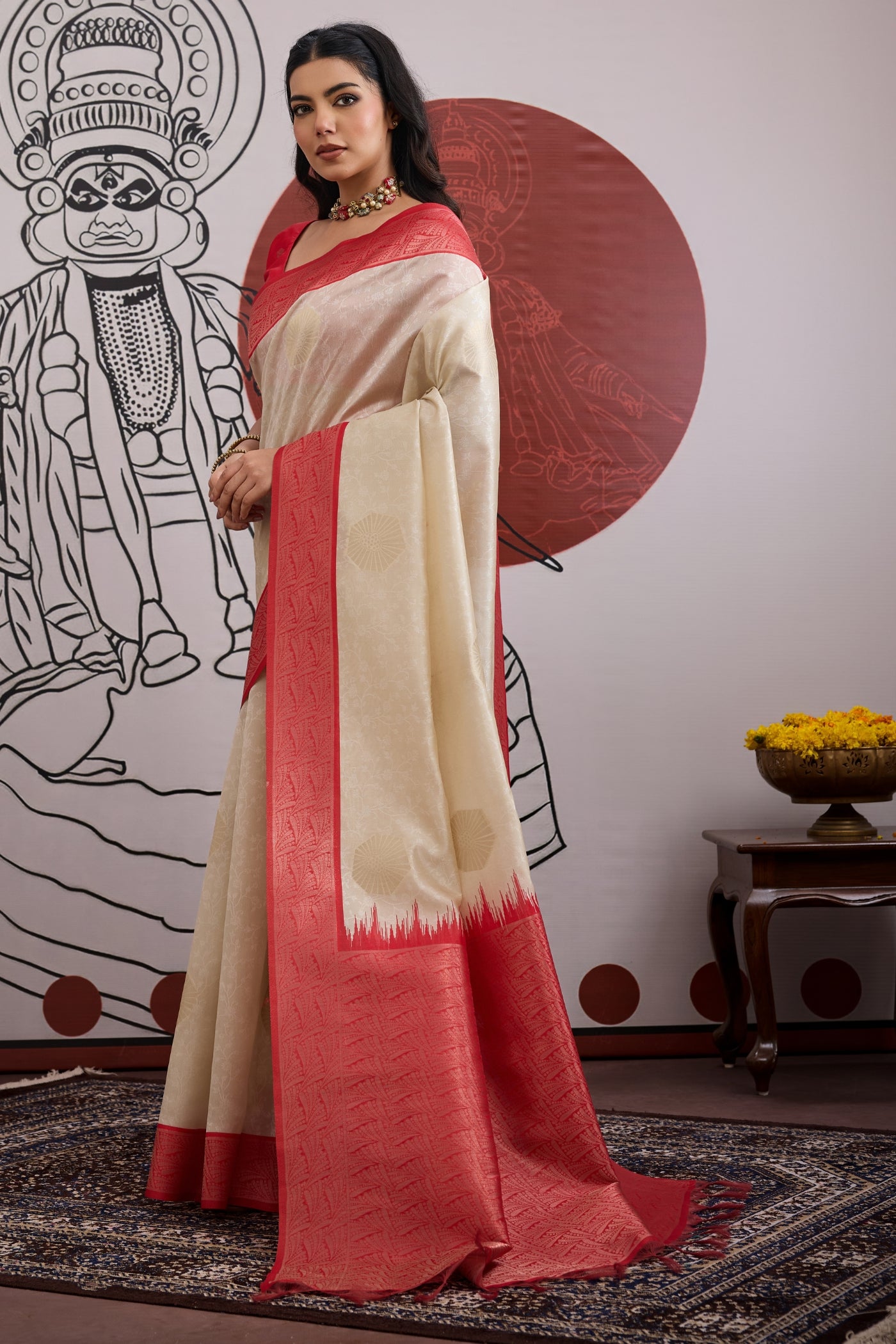 Buy MySilkLove Oat Cream and Red Handloom South Silk Saree Online