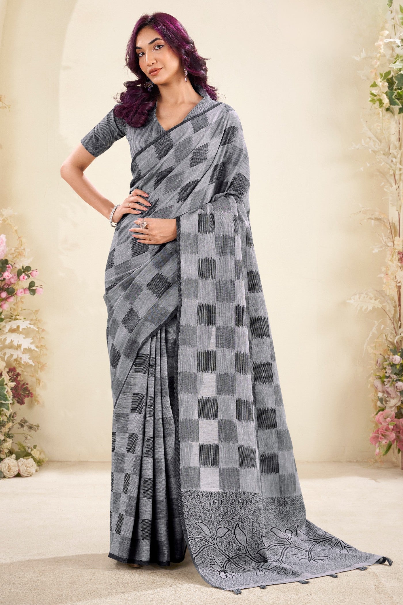 Buy MySilkLove Dust Grey Woven Linen Saree Online