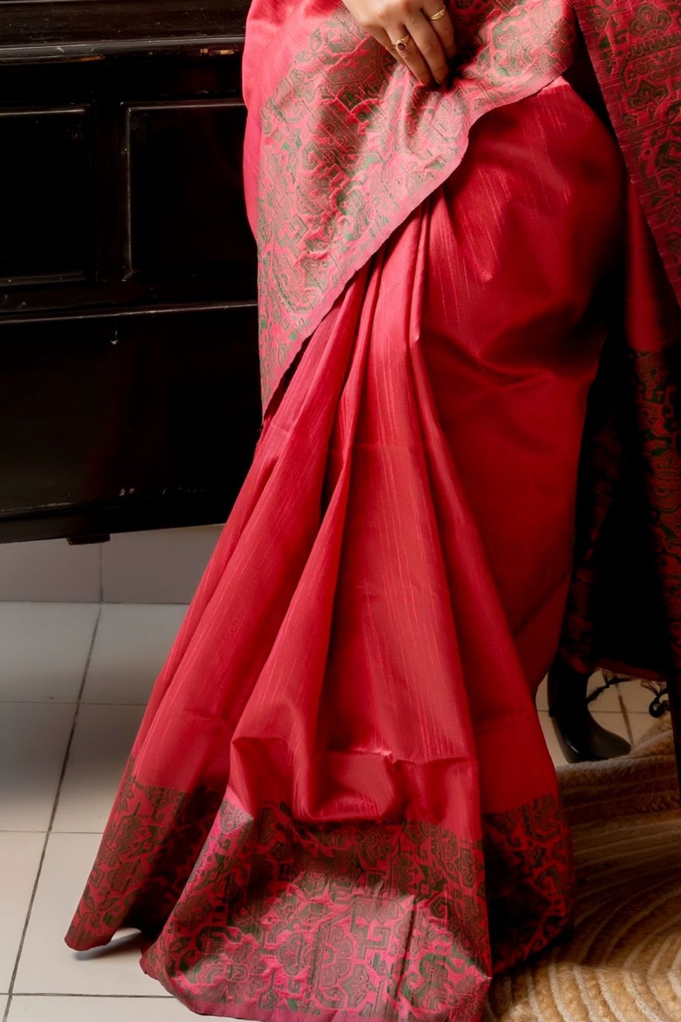 Buy MySilkLove Cantaloupe Red Banarasi Handloom Raw Silk Saree Online