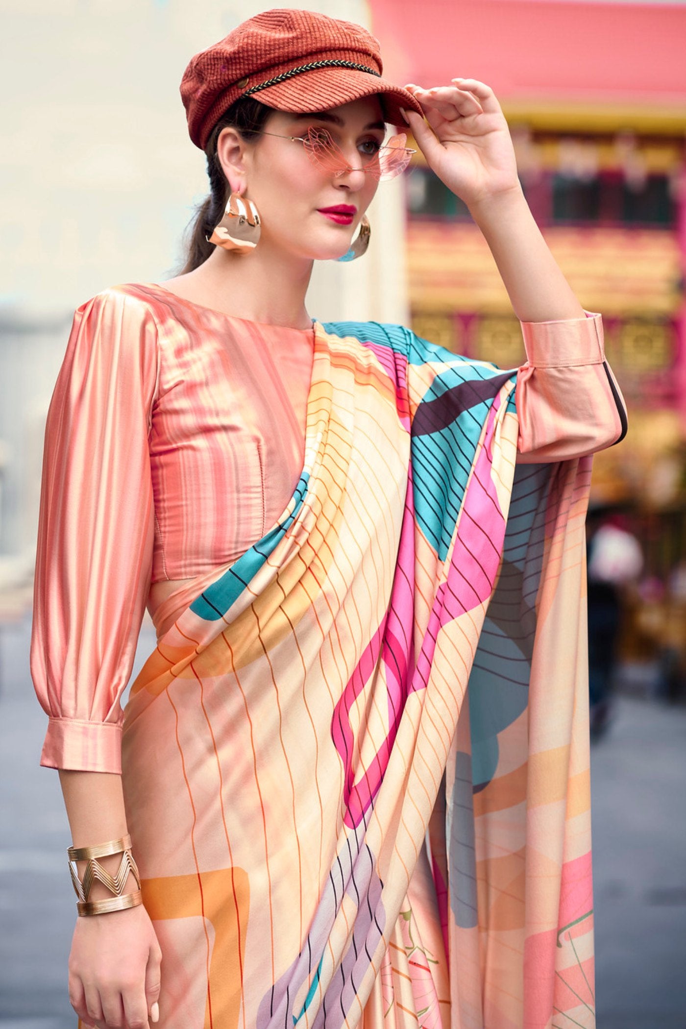 Buy MySilkLove Chardonnay Orange Printed Satin Crepe Silk Saree Online